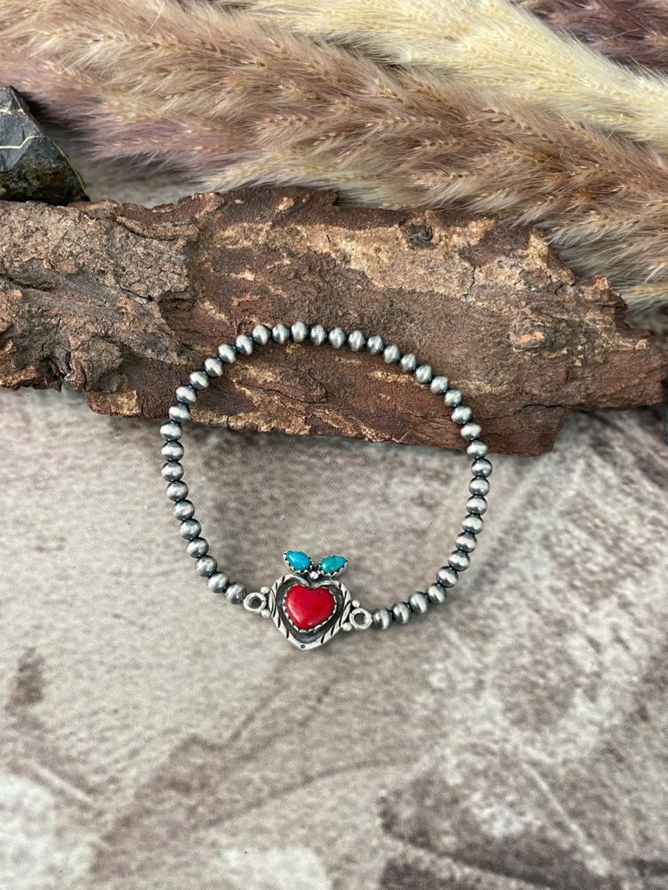 Handmade Sterling Silver Rosarita with Kingman Turquoise Cherry Stretchy Beaded Bracelet Signed Nizhoni