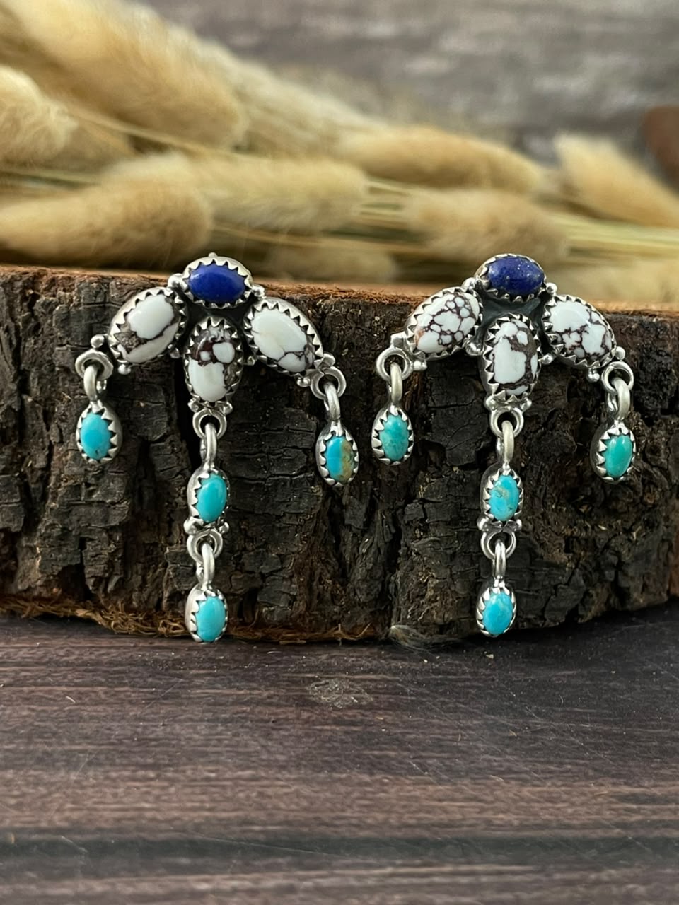 Handmade Sterling Silver Lapis with Wildhorse Magnesite and Kingman Turquoise Post Dangle Earrings Signed Nizhoni