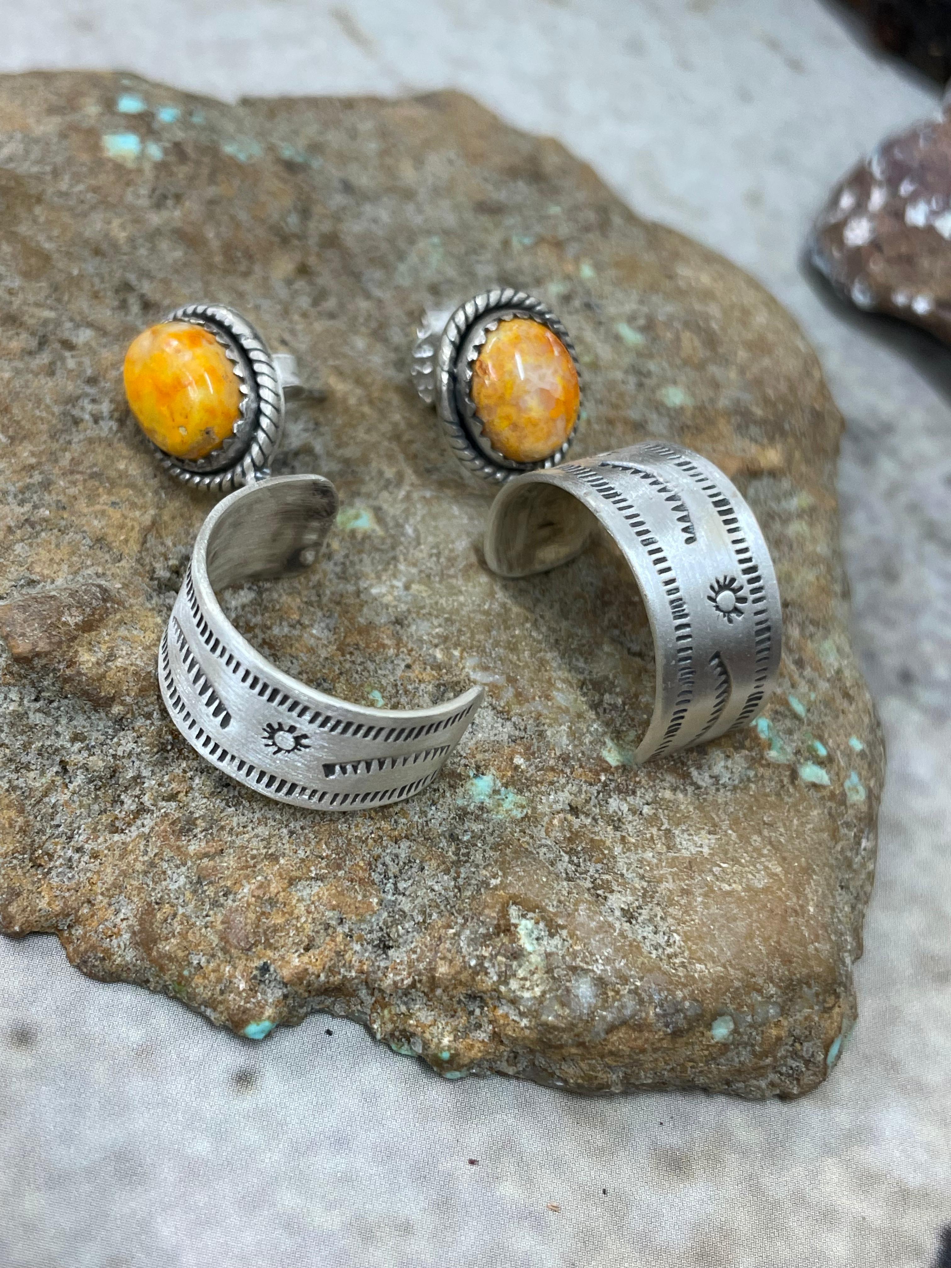 Handmade Sterling Silver Bumblebee Post Hoop Earrings with Signed Nizhoni