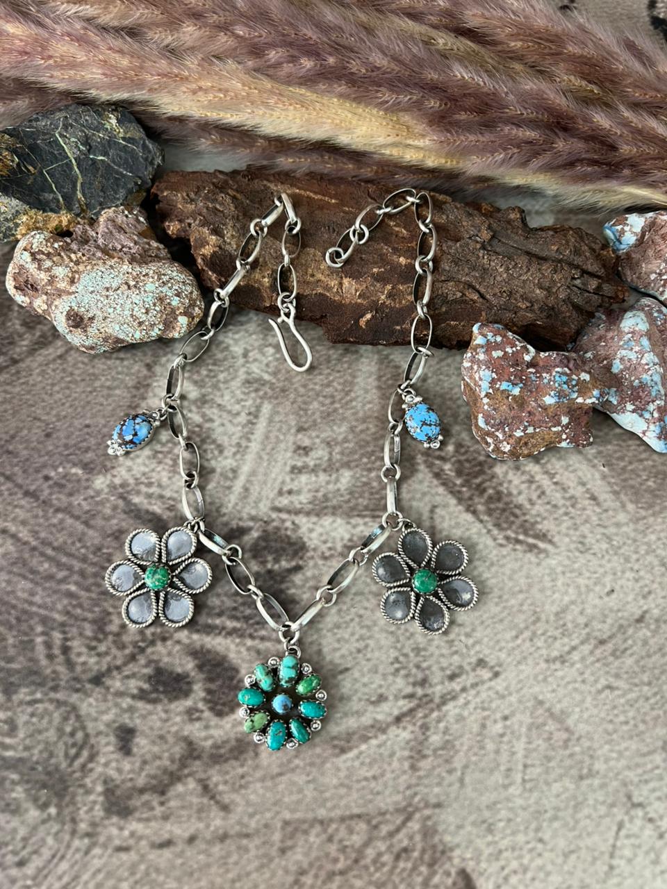 Handmade Sterling Silver Golden Hills with Emerlad Valley Necklace "Signed Nizhoni"