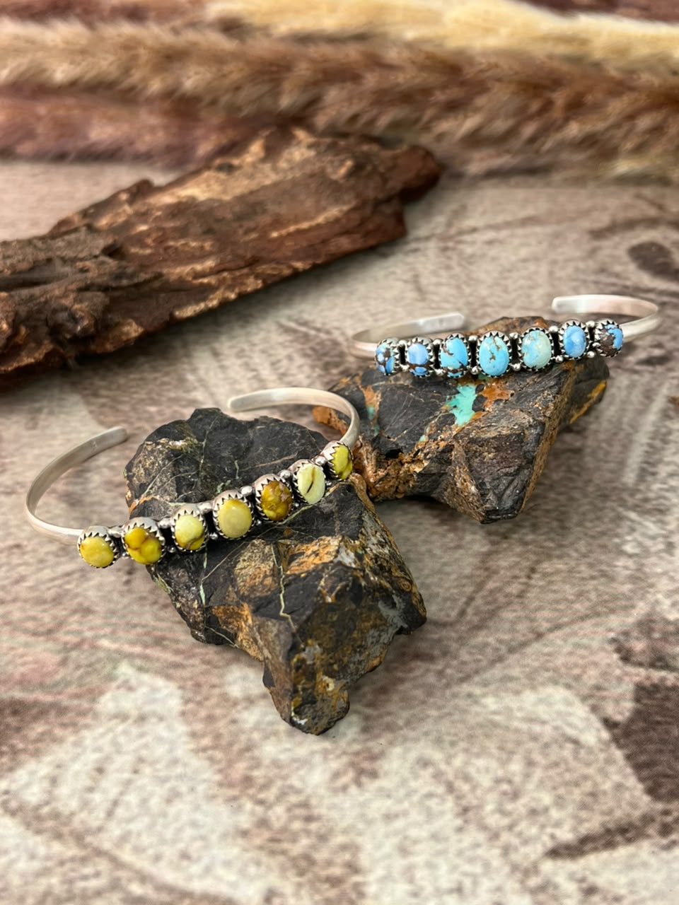 Handmade Sterling Silver Palomino and Golden Hills Turquoise Cuff Bracelet Signed Nizhoni