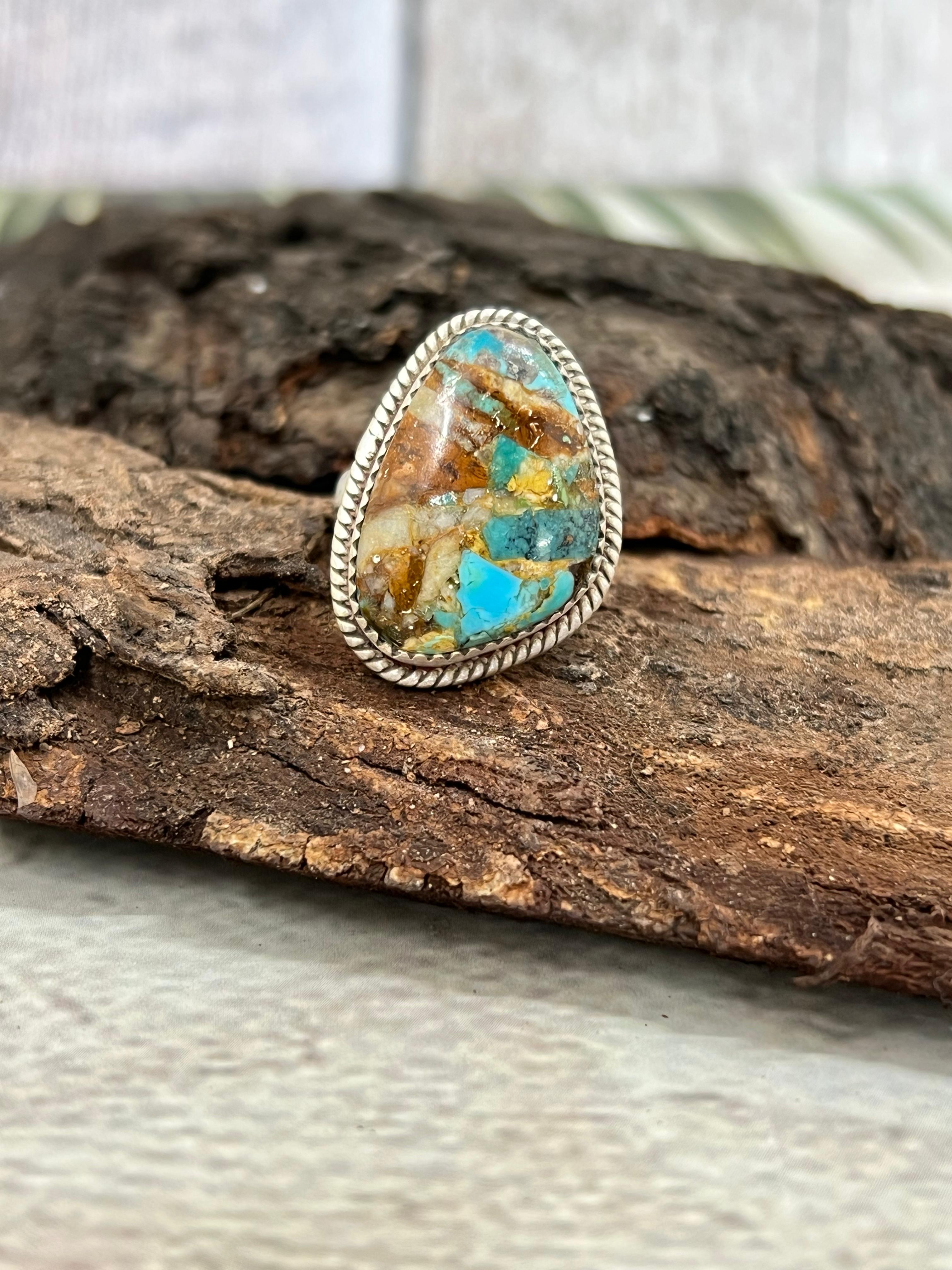 Handmade Sterling Silver Royston Turquoise Adjustable Ring with Signed Nizhoni
