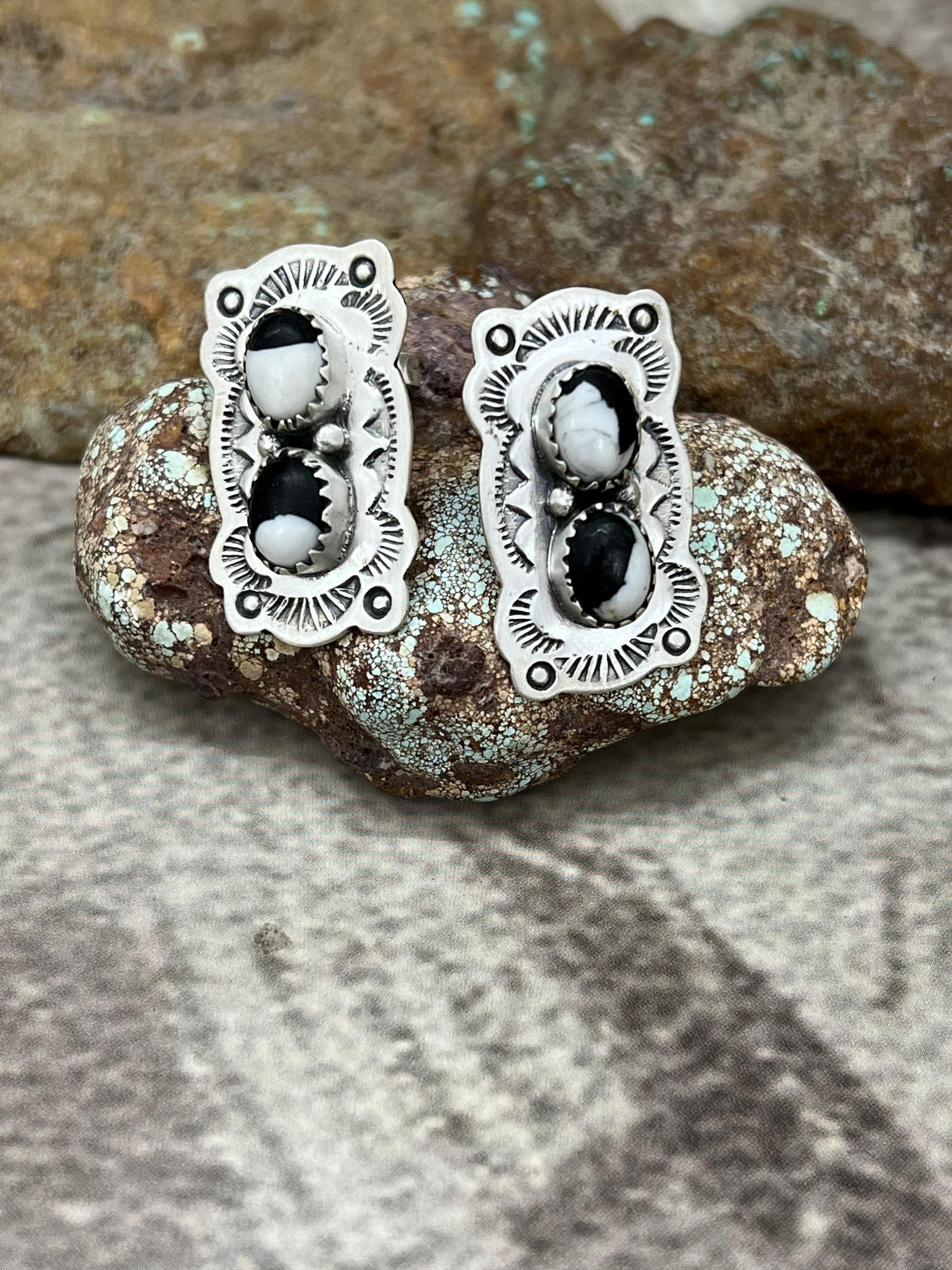 Handmade Sterling Silver White Buffalo Post Studs with Signed Nizhoni