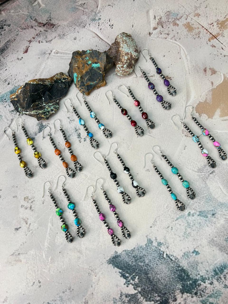 Handmade Sterling Silver Multistone Beaded Dangle Earrings "Signed Nizhoni"