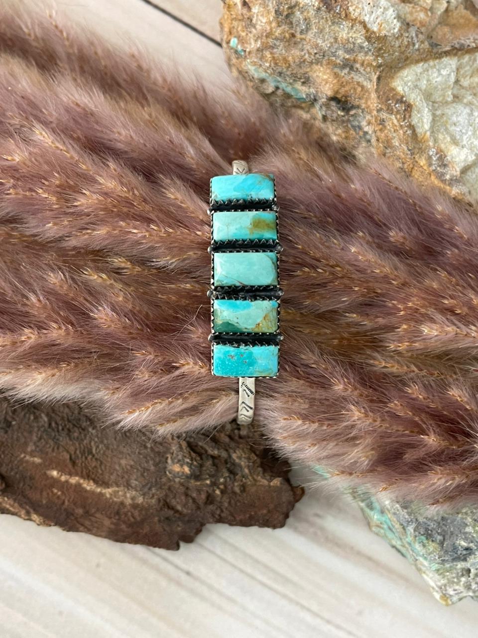 Handmade Sterling Silver Kingman Turquoise Cuff Bracelet Signed Nizhoni