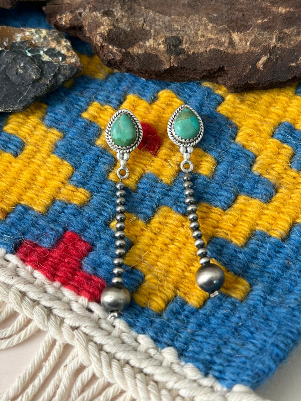 Handmade Sterling Silver Beaded Kingman Turquoise Post Dangle Earrings "Signed Nizhoni"