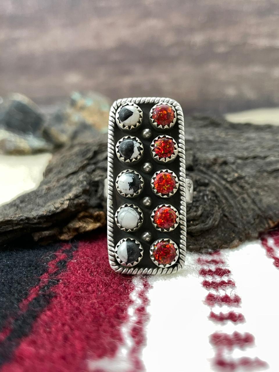 "Christmas Collection" Handmade Sterling Silver White Buffalo with Red Opal Adjustable Ring "Signed Nizhoni"