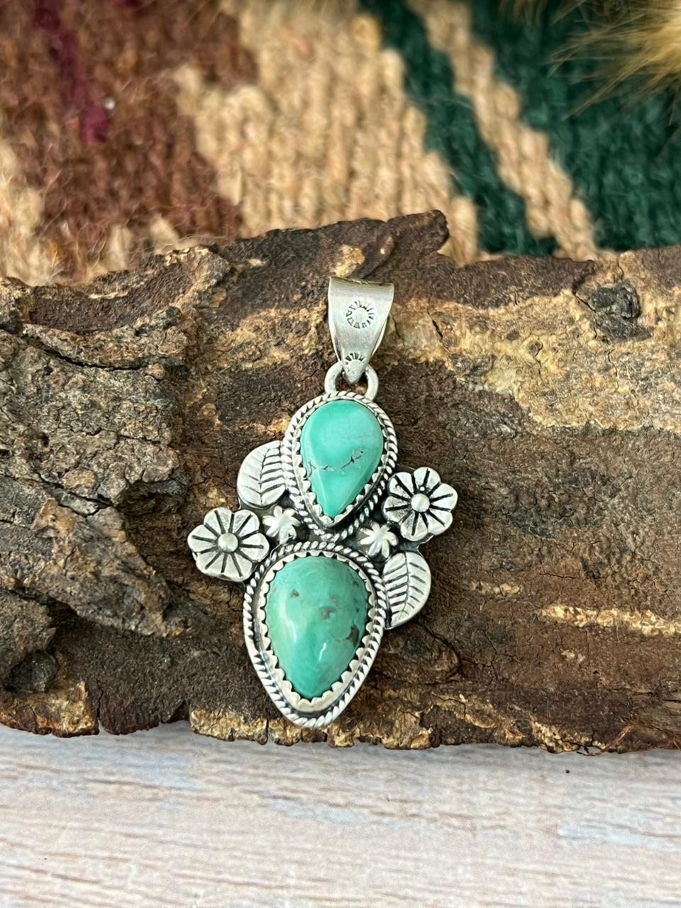 Handmade Sterling Silver Tibetan Turquoise Pendant "Signed Nizhoni"