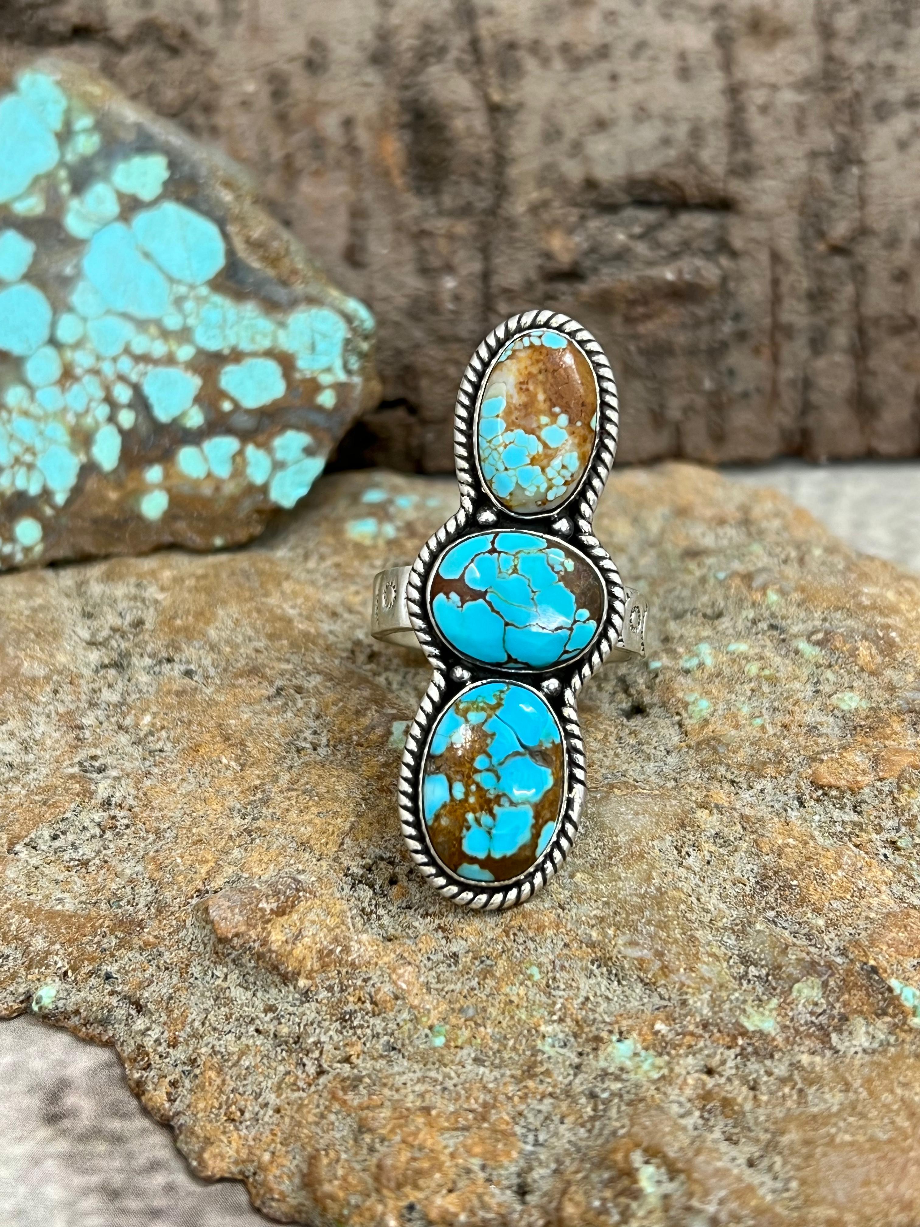 Handmade Sterling Silver Number 8 Turquoise Adjustable Ring with Signed Nizhoni
