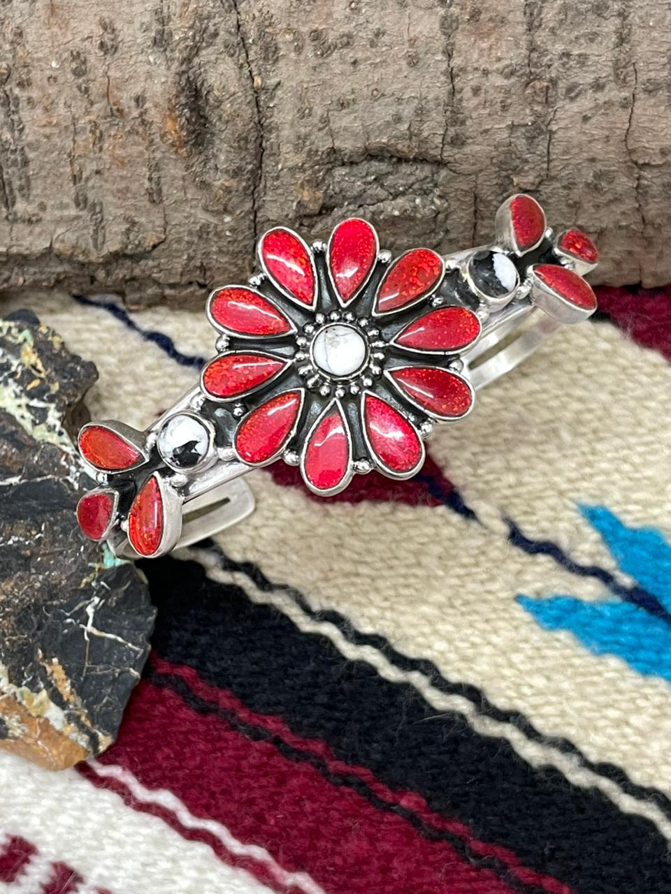 "Christmas Collection" Handmade Sterling Silver White Buffalo With Red Opal Cuff Bracelet "Signed Nizhoni"