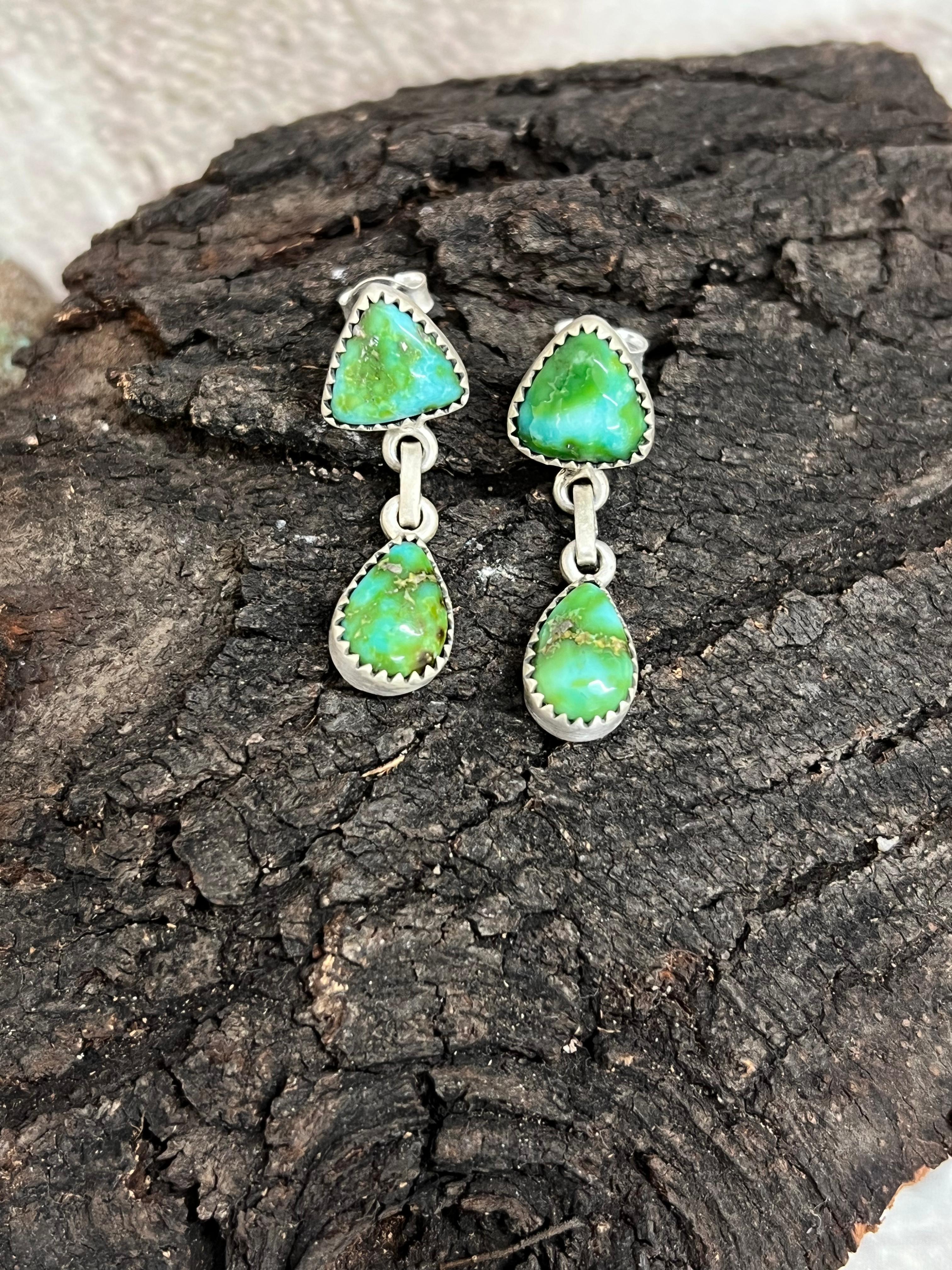Handmade Sterling Silver Sonoran Mountain Turquoise Post Dangle Earrings with Signed Nizhoni (6)