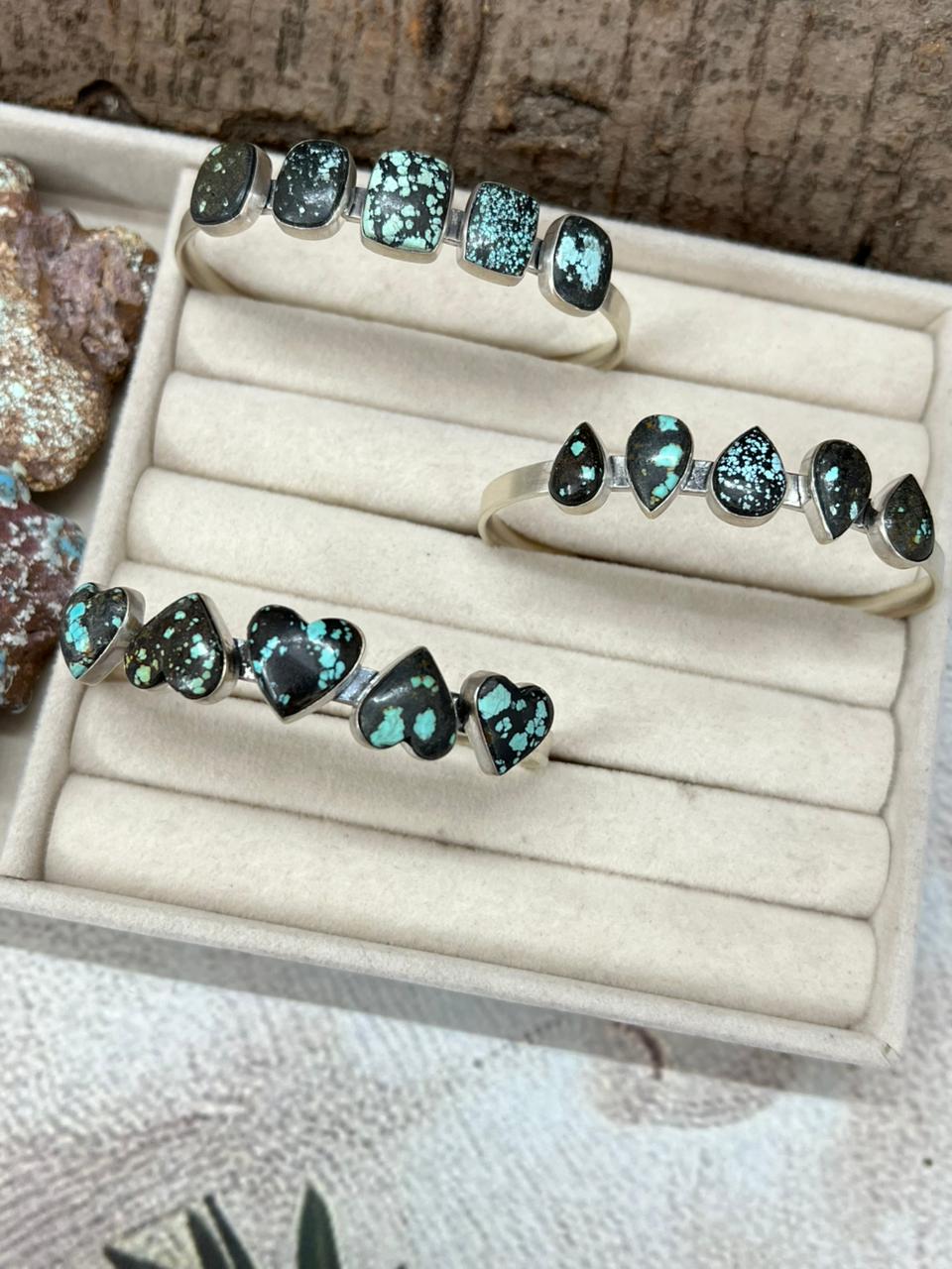 Handmade Sterling Silver Lander Turquoise Cuff Bracelet with Signed Nizhoni