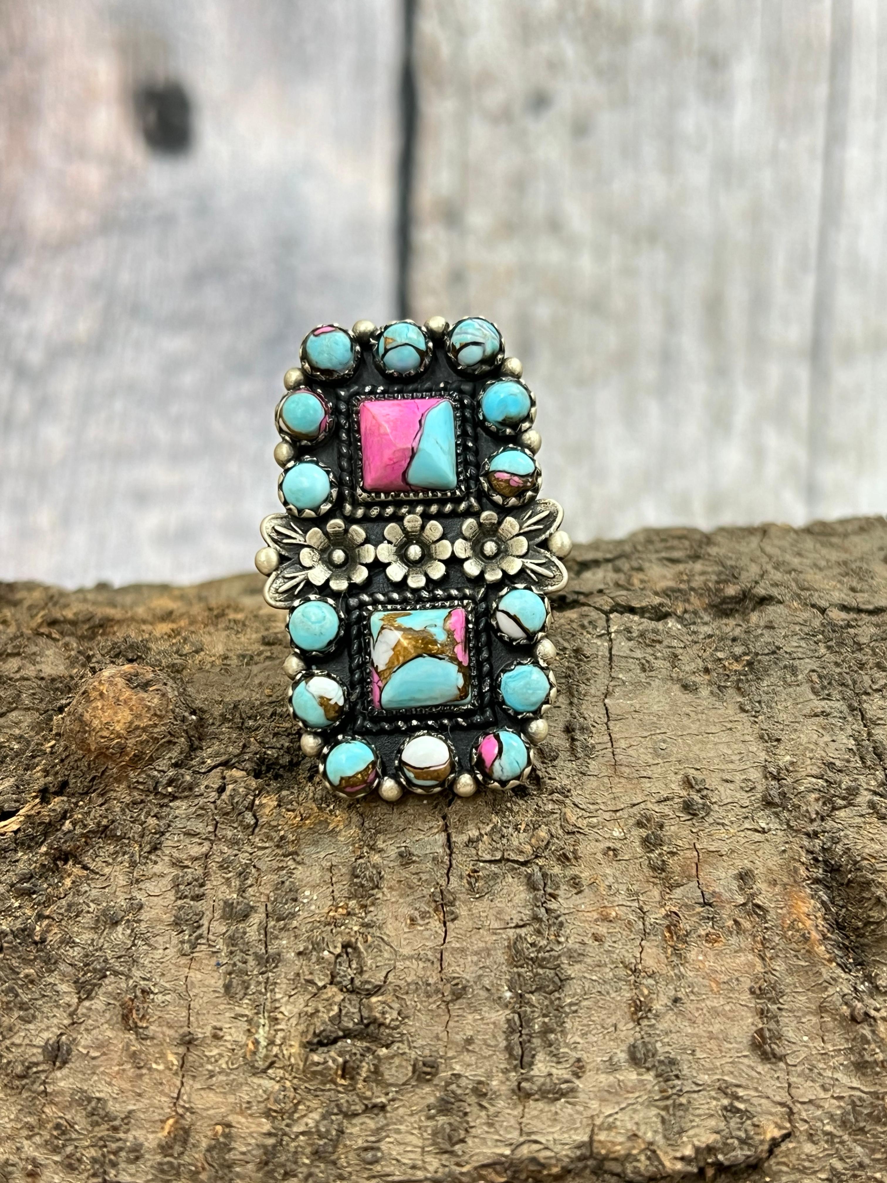 Handmade Sterling Silver Cotton Candy Turquoise Adjustable Rings with Signed Nizhoni
