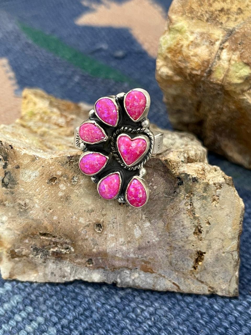 Handmade Sterling Silver Hot Pink Adjustable Ring " Signed Nizhoni"