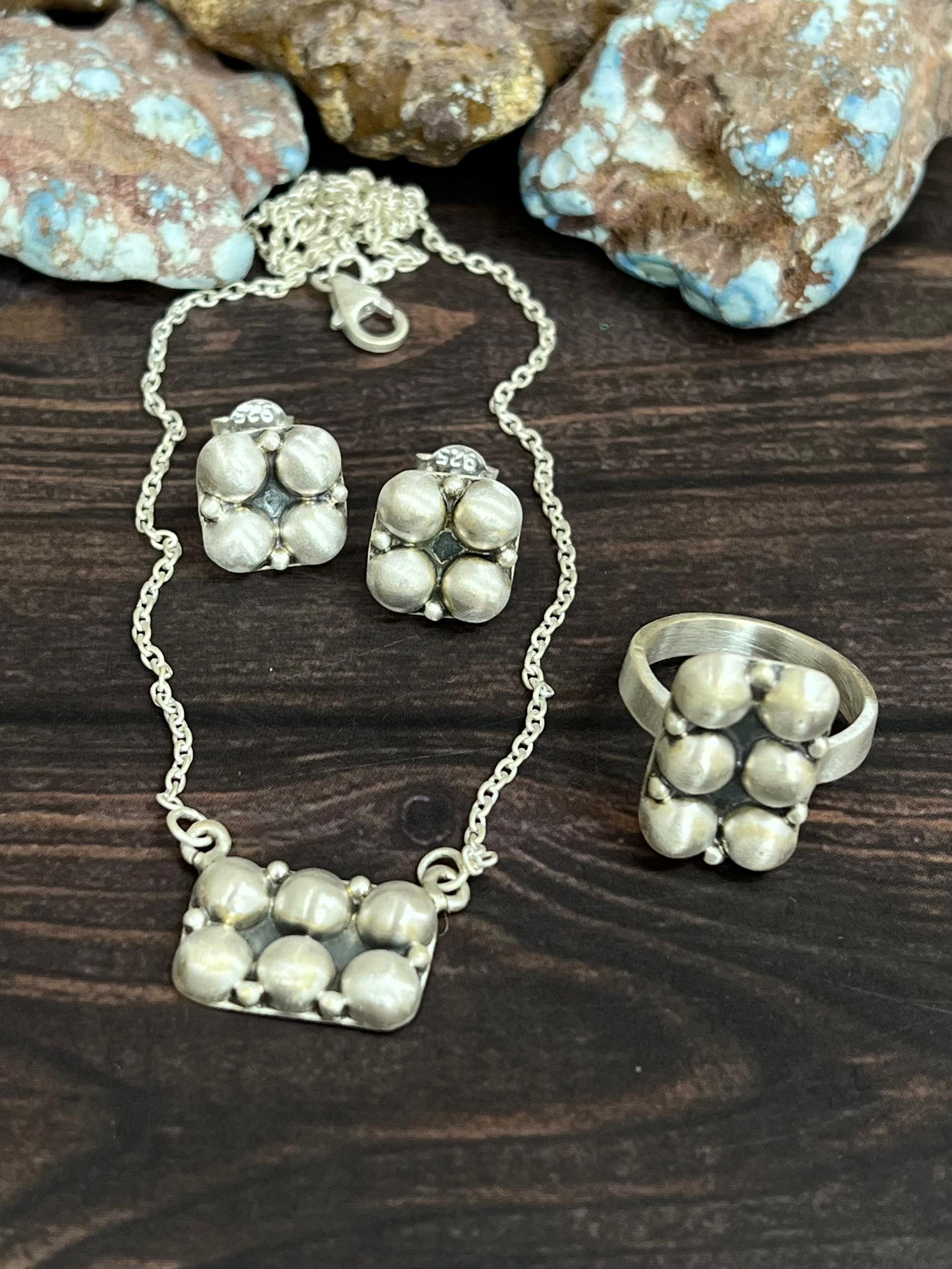 Handmade 'Sterling Silver' Necklace Earrings and Ring Set with Signed Nizhoni
