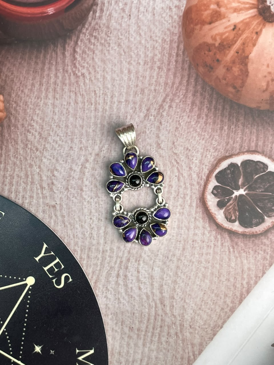 Handmade Sterling Silver Grape Dahlia with Black Onyx Halloween Collection: Pendant Signed Nizhoni