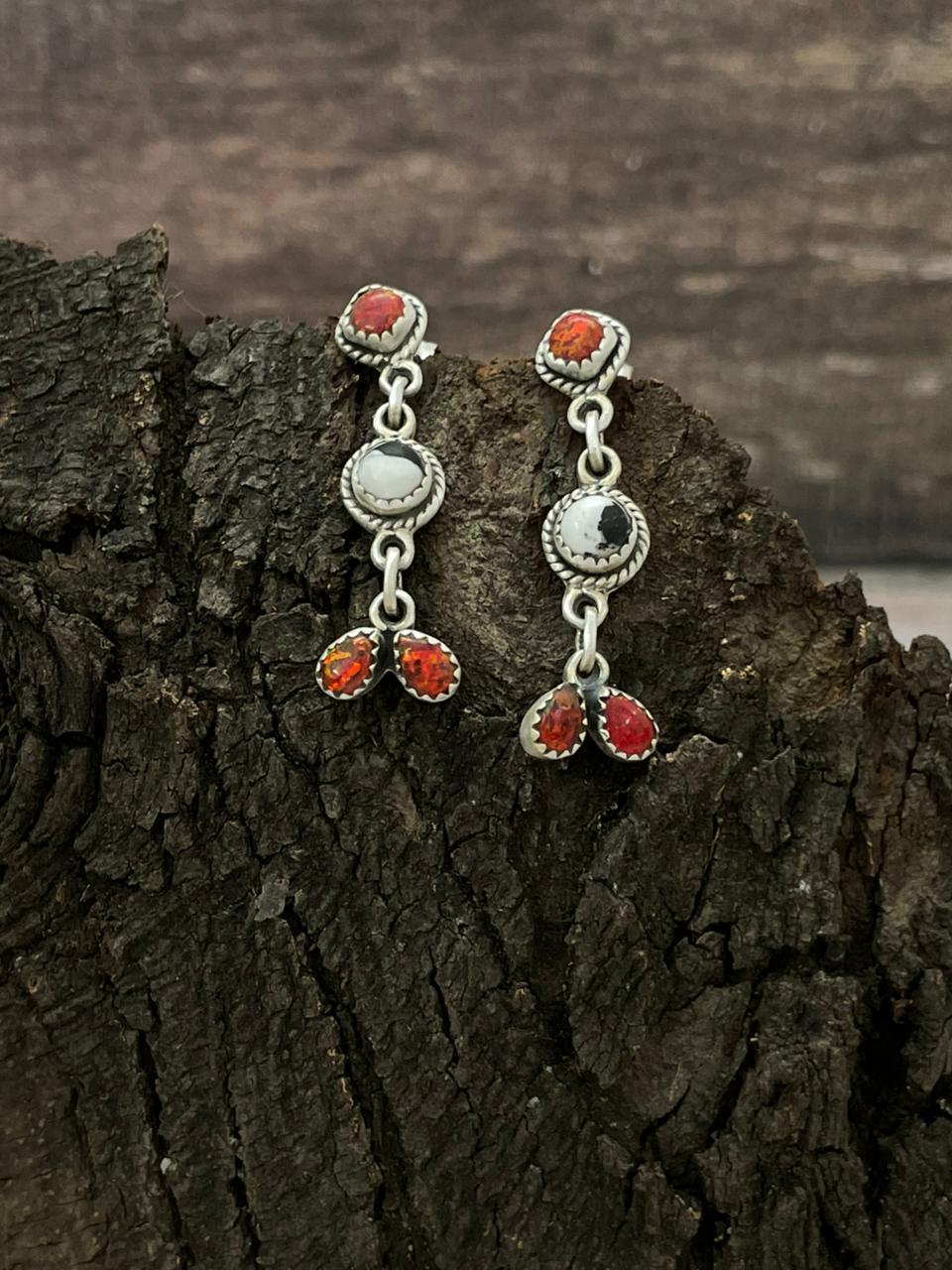 "Christmas Collection" Handmade Sterling Silver White Buffalo with Red Opal Dangle Earrings "Signed Nizhoni"