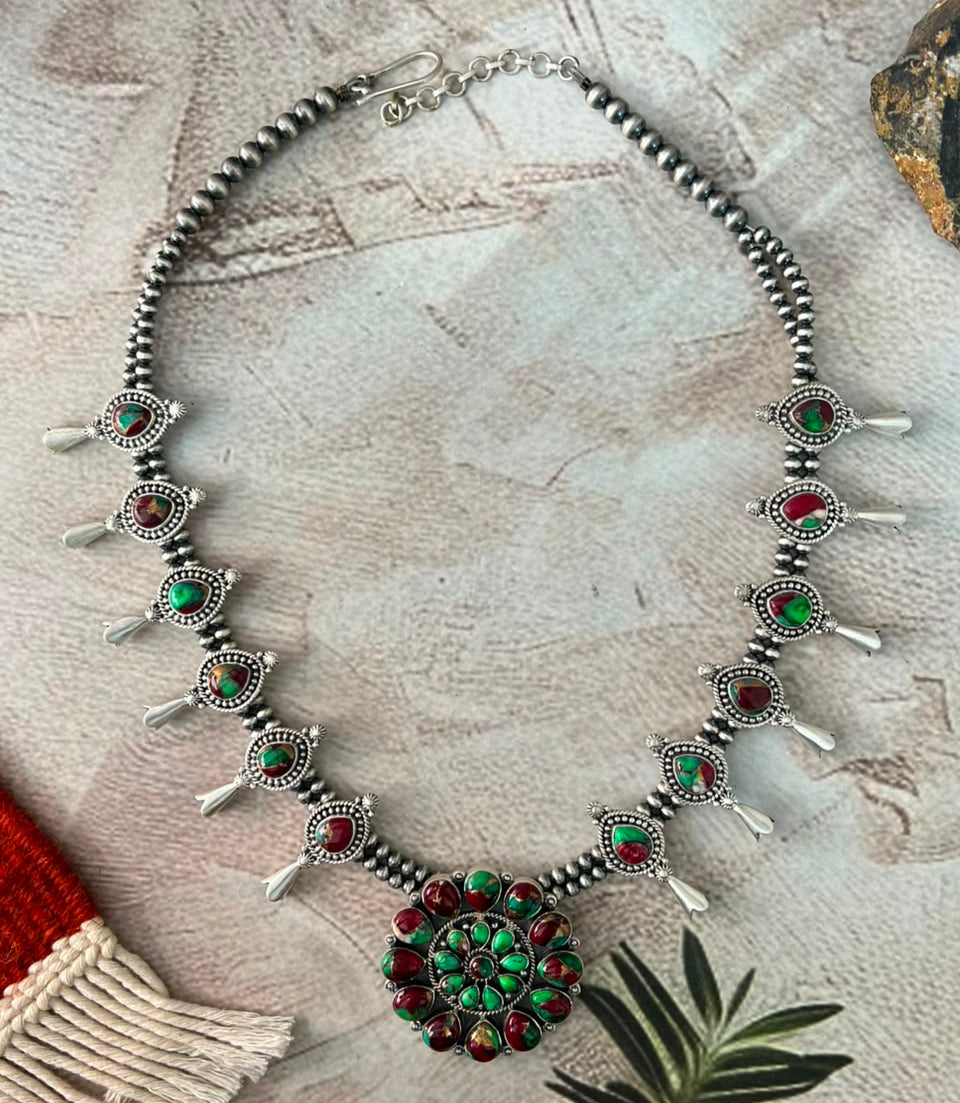 Handmade Sterling Silver Christmas Dahlia Collection: Beaded Squash Blossom Necklace Signed Nizhoni