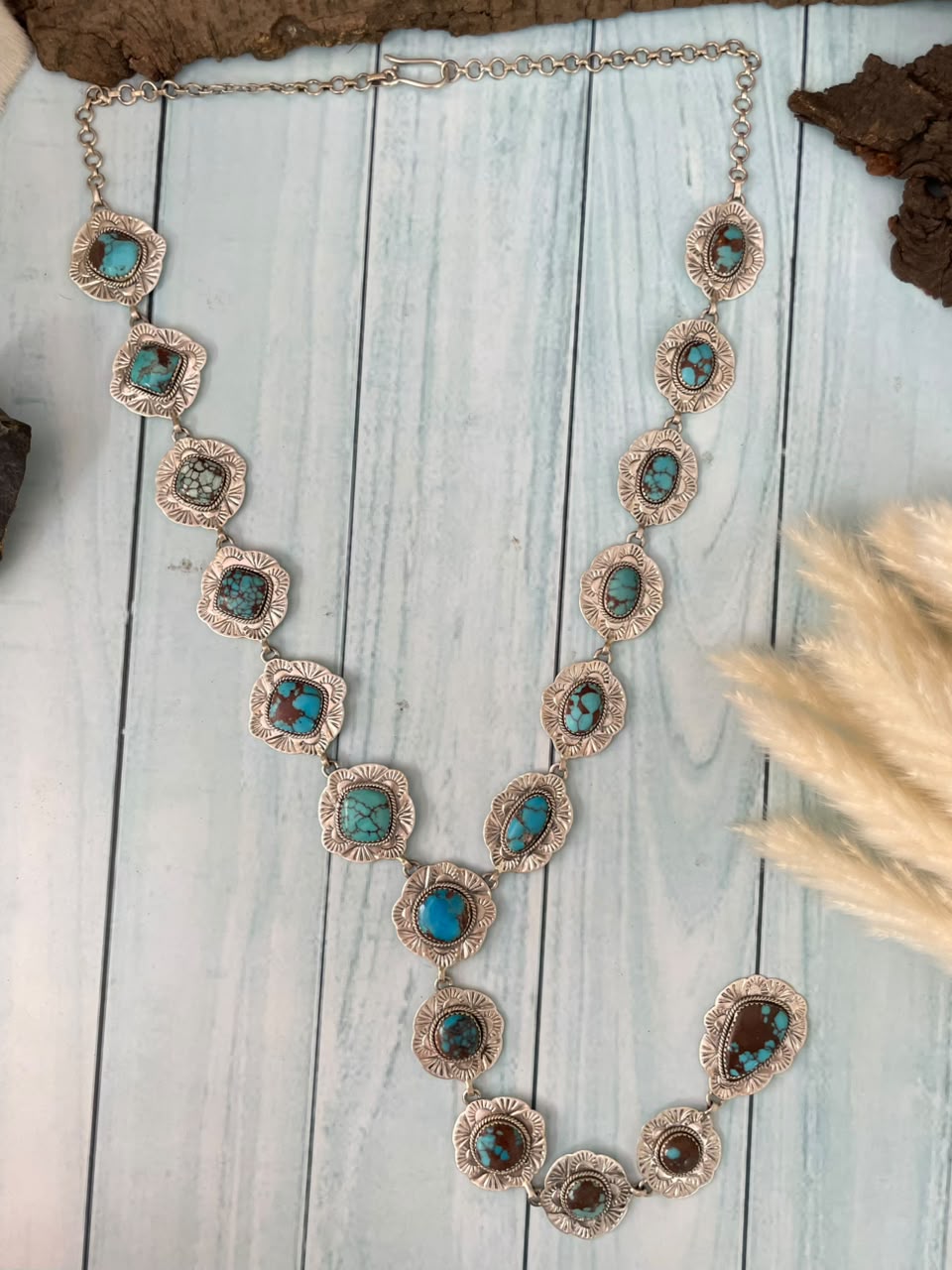 Handmade Sterling Silver Egyptian Turquoise Collection: 'Y Shaped' Necklace Signed Nizhoni