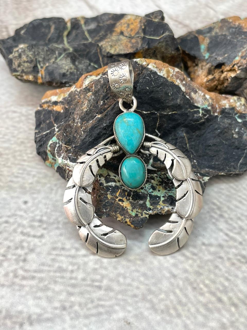 Handmade Sterling Silver Kingman Turquoise Naja Pendant "Signed Nizhoni"