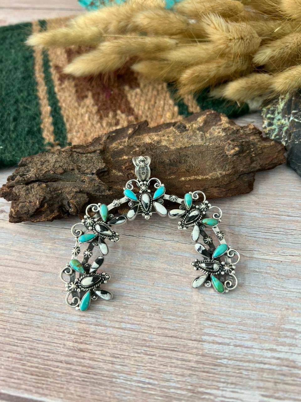 Handmade Sterling Silver Kingman Turquoise with White Buffalo Pendant "Signed Nizhoni"