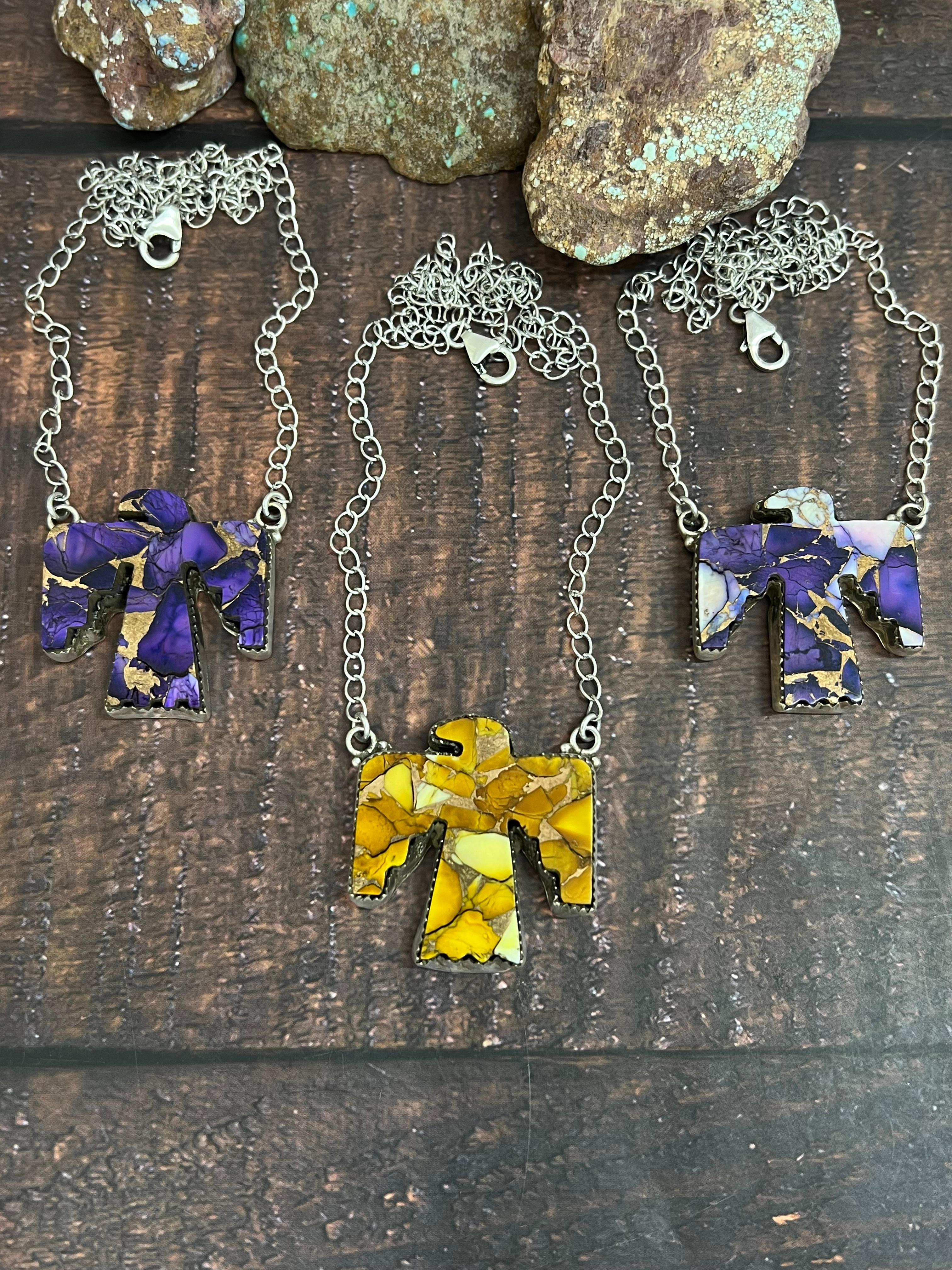 Handmade Sterling Silver Multi Gemstone Thunderbird Necklace with Signed Nizhoni