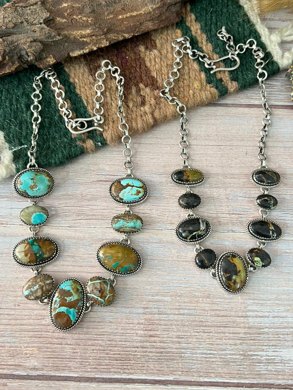 Handmade Sterling Silver Ribbon Royston, Blackjack Turquoise Choker Necklace "Signed Nizhoni"