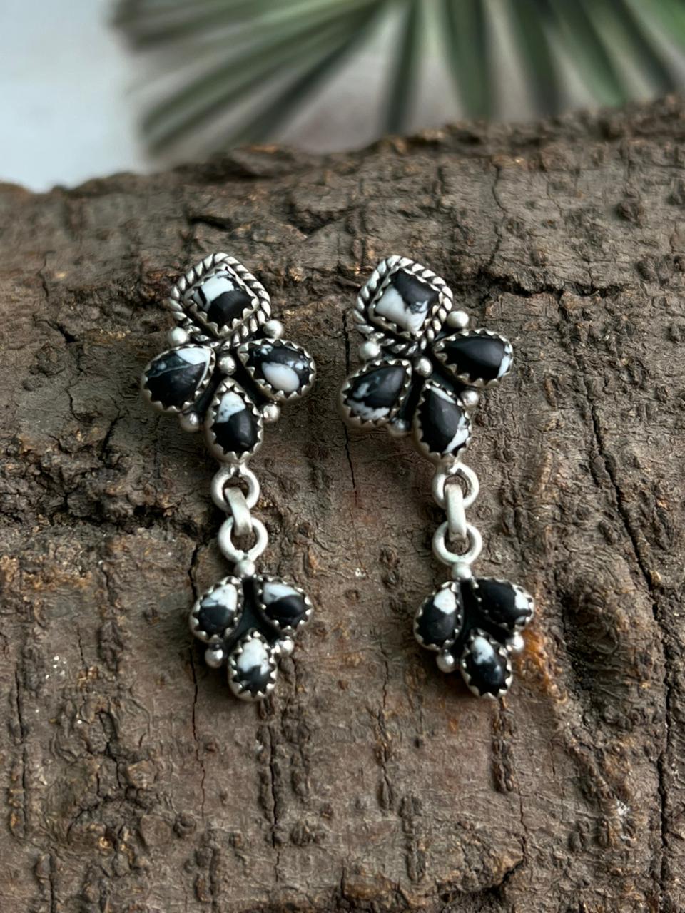 Handmade Sterling Silver White Buffalo Post Dangle Earrings "Signed Nizhoni"