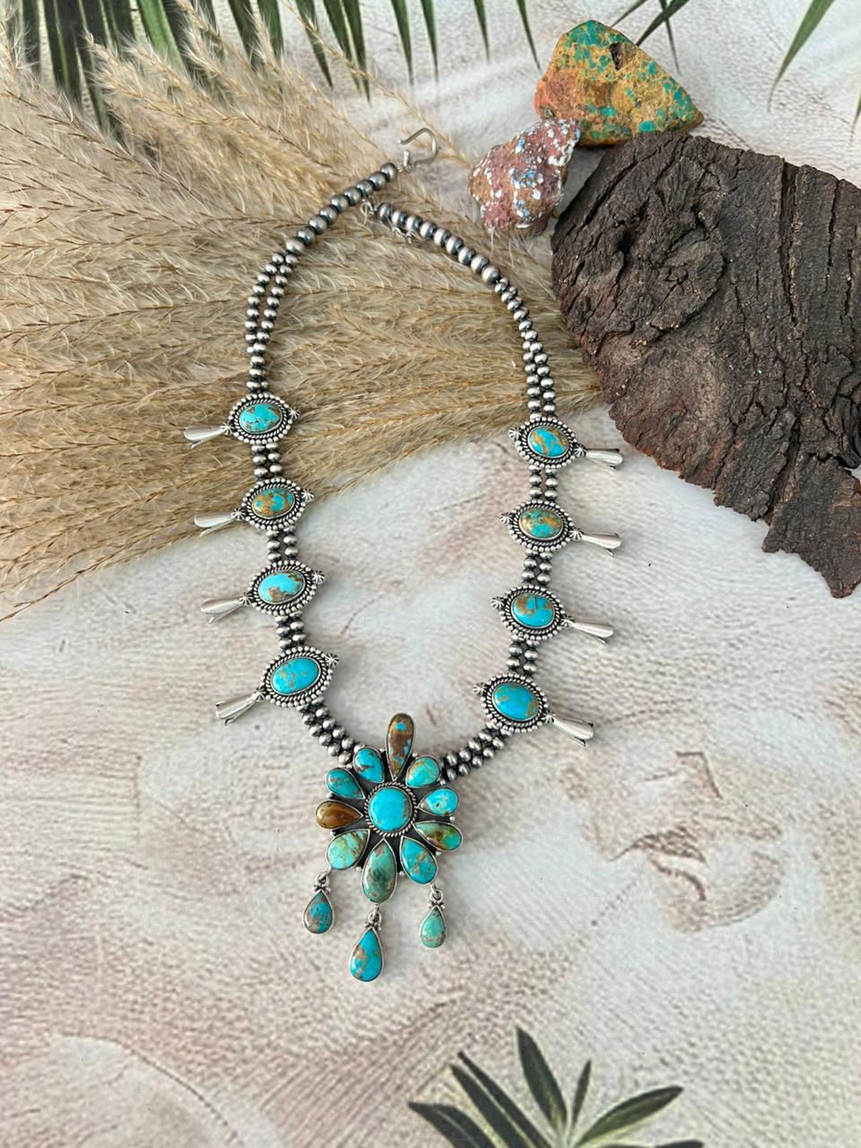 Handmade Sterling Silver Santa Maria Turquoise Squash Blossom Beaded Necklace "Signed Nizhoni"