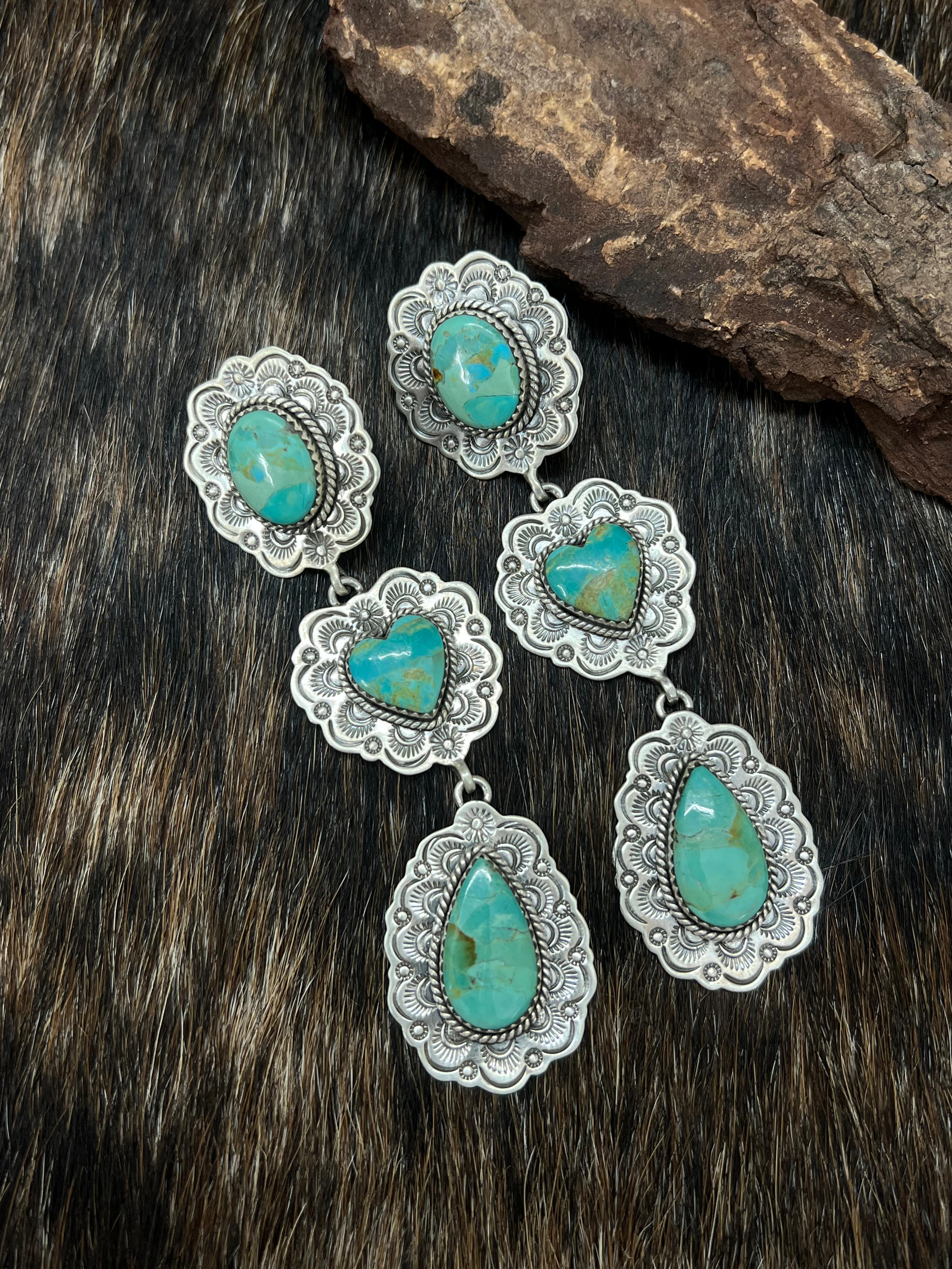 Handmade Sterling Silver Kingman Turquoise Heart Post Dangle Earrings with Signed Nizhoni