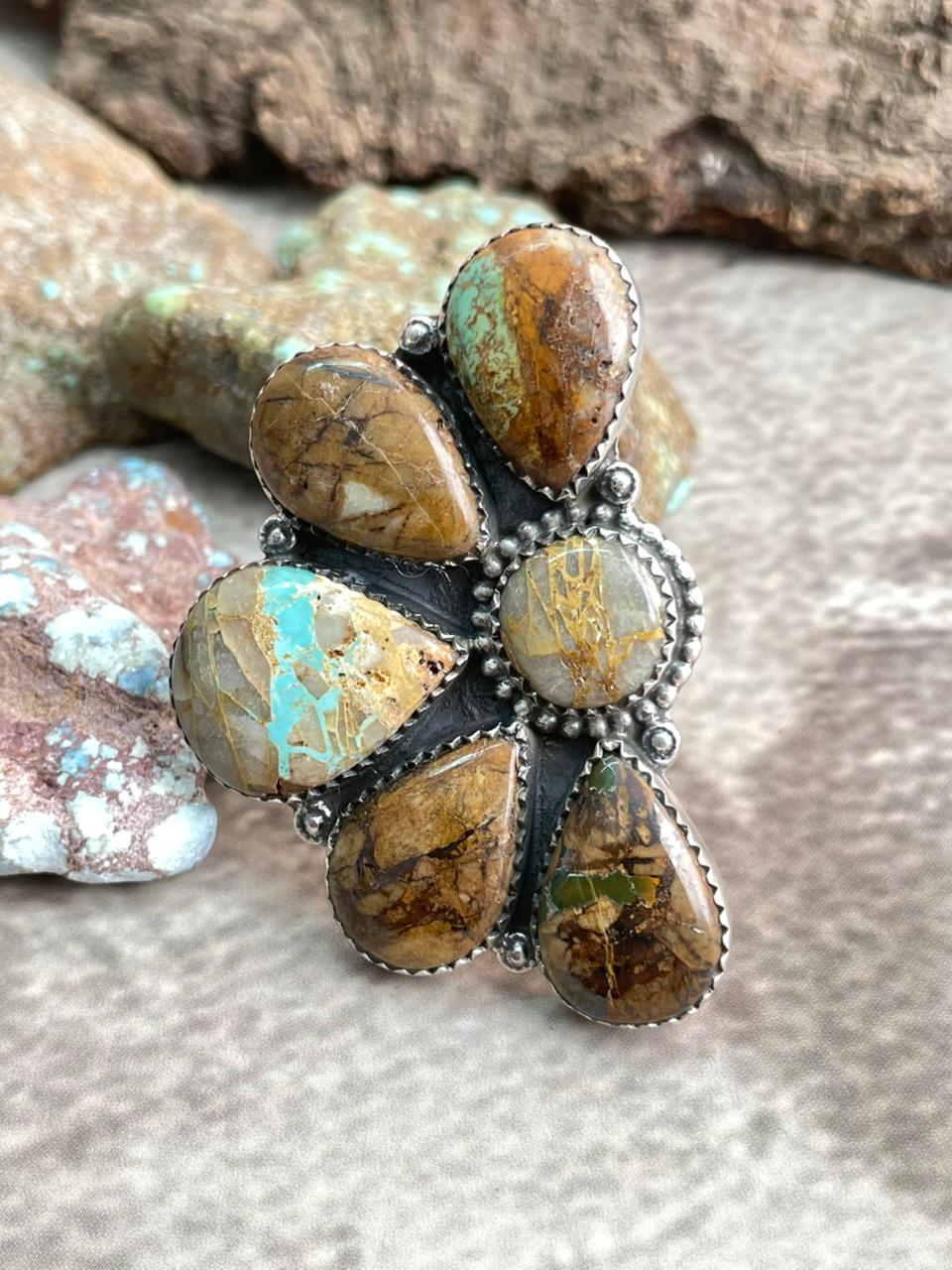 Handmade Sterling Silver Royston Ribbon Turquoise Adjustable Ring with Signed Nizhoni