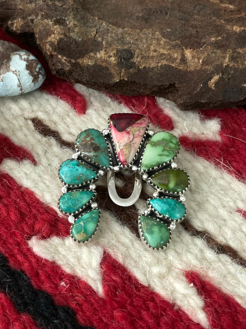 Handmade Sterling Silver Dahlia Rose with Emerald Valley Turquoise Purse Key Clip "Signed Nizhoni"