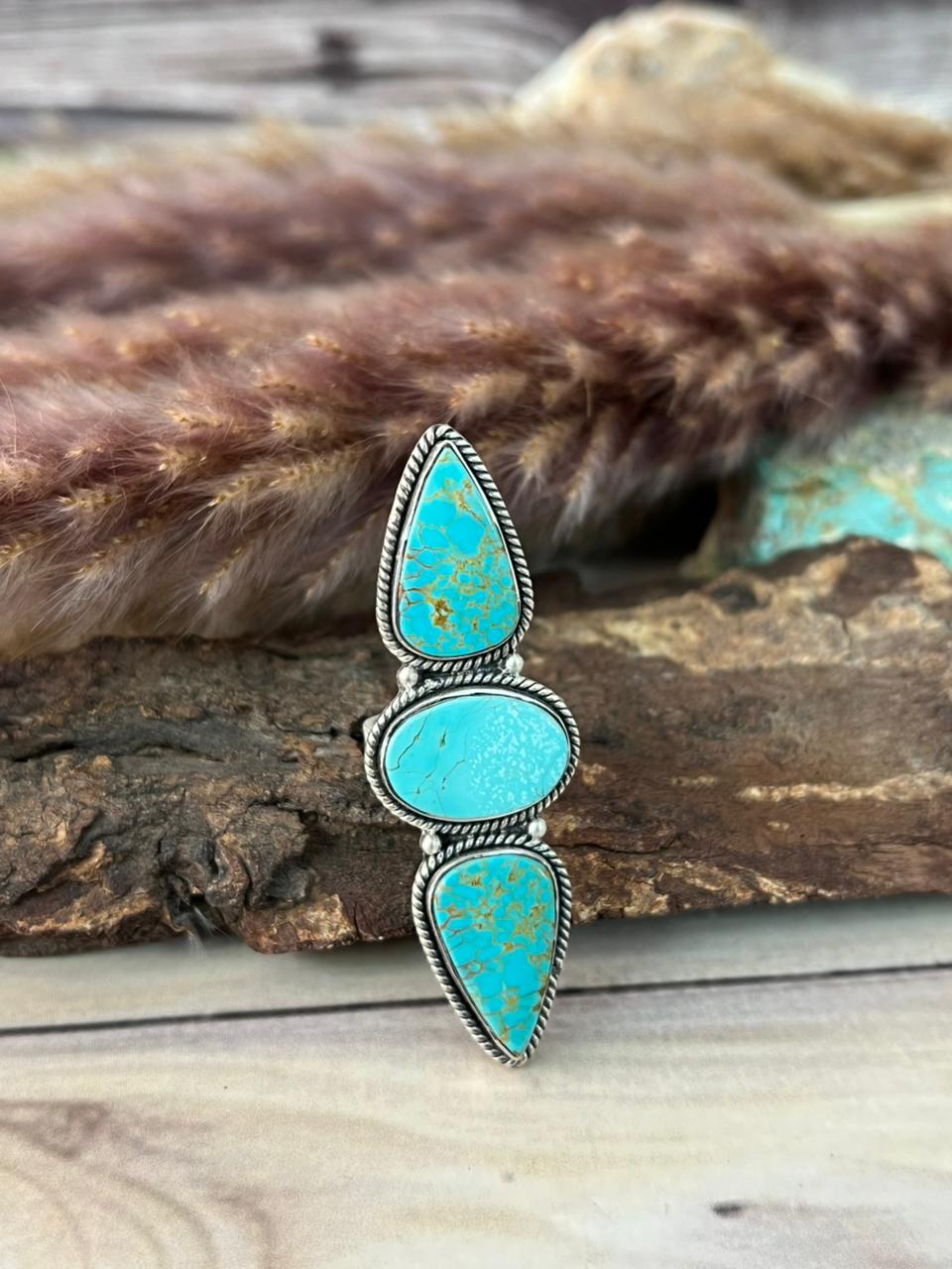 Handmade Sterling Silver Green Kingman Turquoise Collection: Adjustable Ring Signed Nizhoni