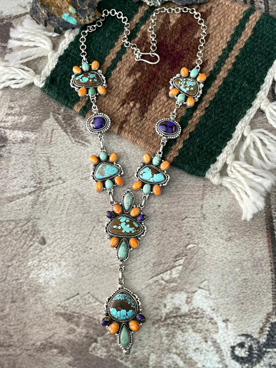 Handmade Sterling Silver Orange Oyster with Grape Dahlia, Number 8 and Variscite Necklace "Signed Nizhoni"