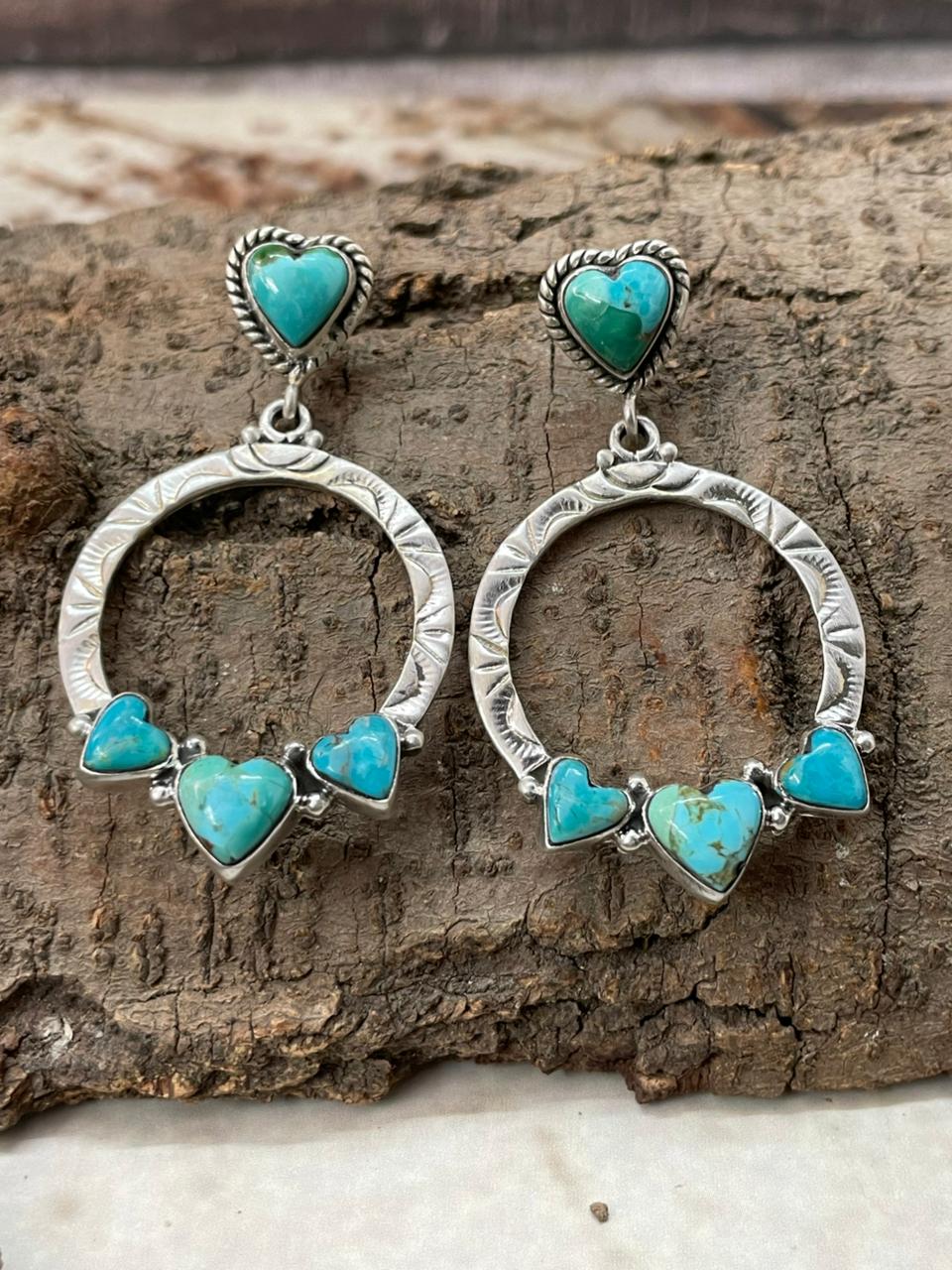"Heart Collection" Handmade Sterling Silver Kingman Turquoise Post Dangle Hoop Earrings "Signed Nizhoni"