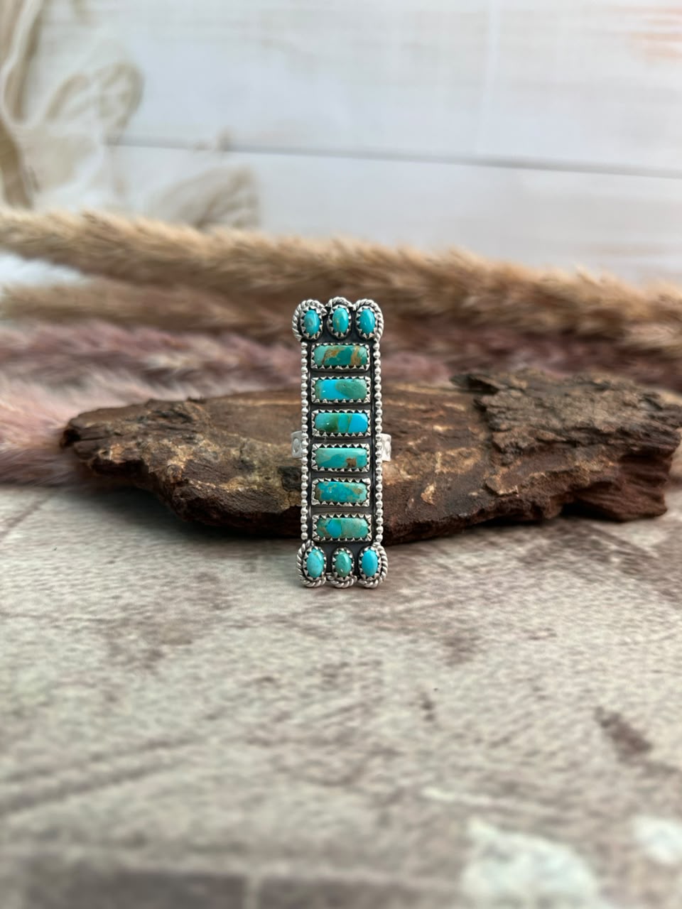 Handmade Sterling Silver Kingman Turquoise Adjustable Bar Ring Signed Nizhoni