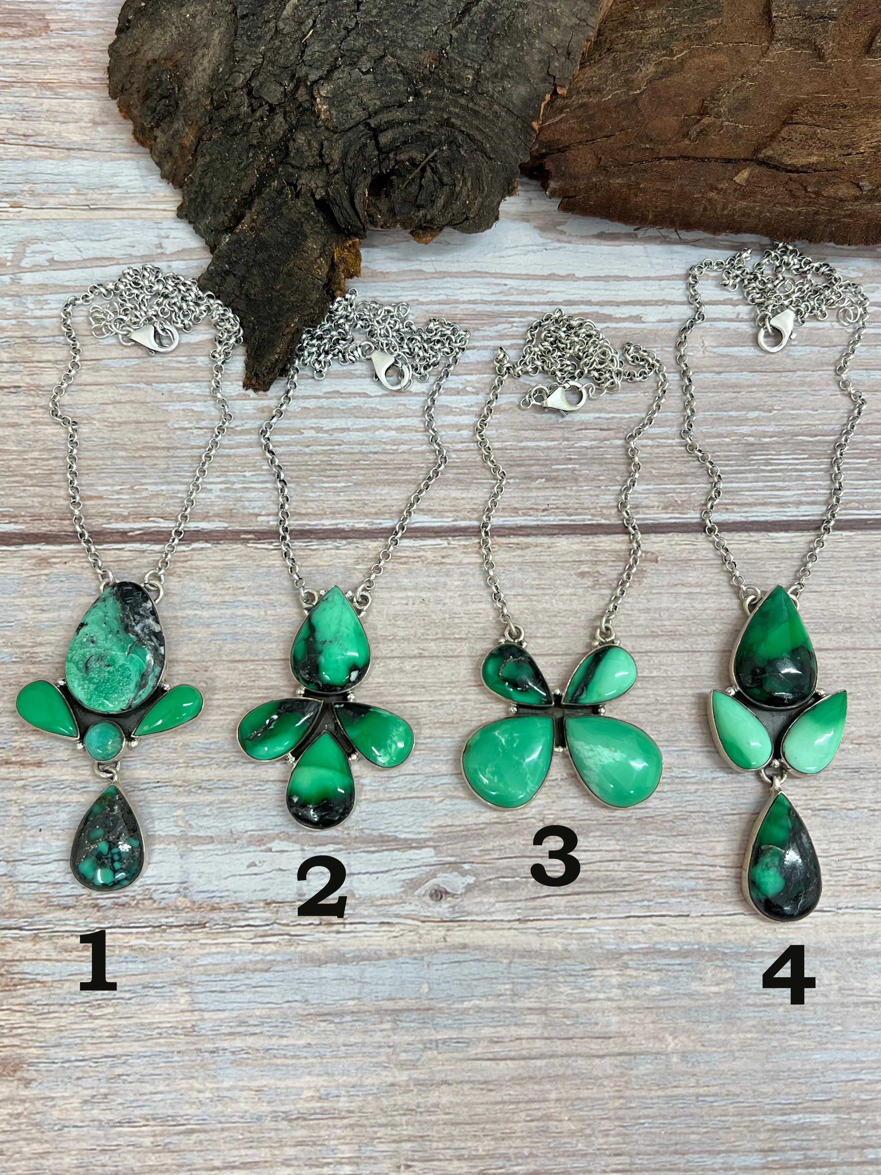 Handmade Sterling Silver Emerald Rose Necklace with Signed Nizhoni