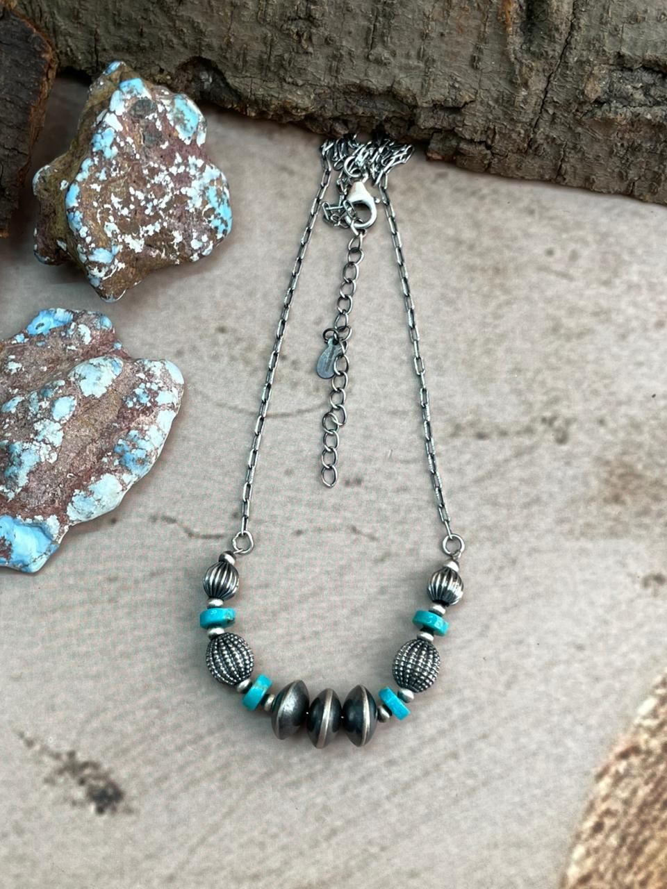 Handmade Sterling Silver Kingman Turquoise Beaded Necklace t ok with Signed Nizhoni