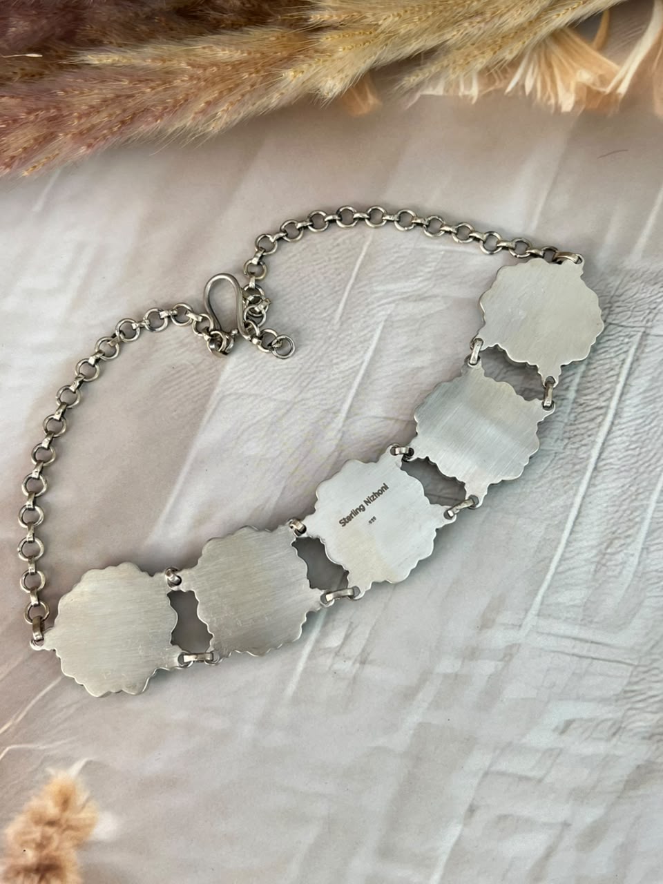 Handmade Sterling Silver Blackjack with Kingman Turquoise Choker Necklace Signed Nizhoni