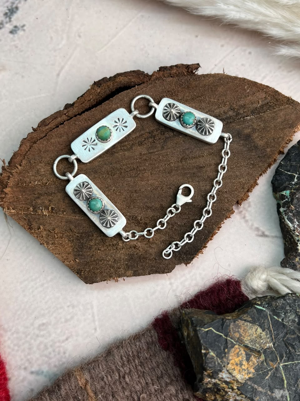 Handmade Sterling Silver Kingman Turquoise Chain Bracelet Signed Nizhoni