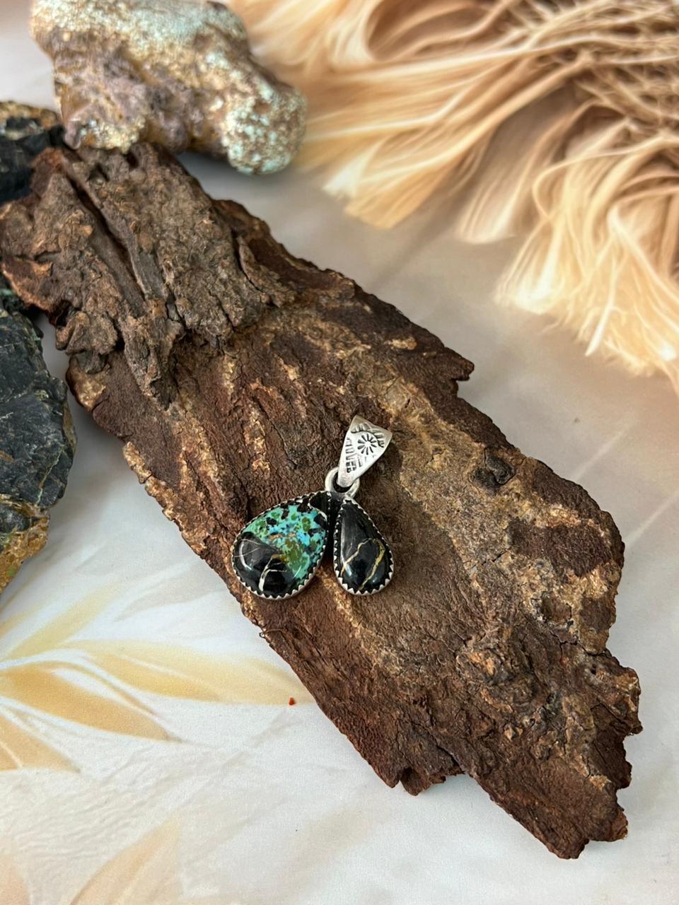 Handmade Sterling Silver Blackjack Turquoise Pendant "Signed Nizhoni"