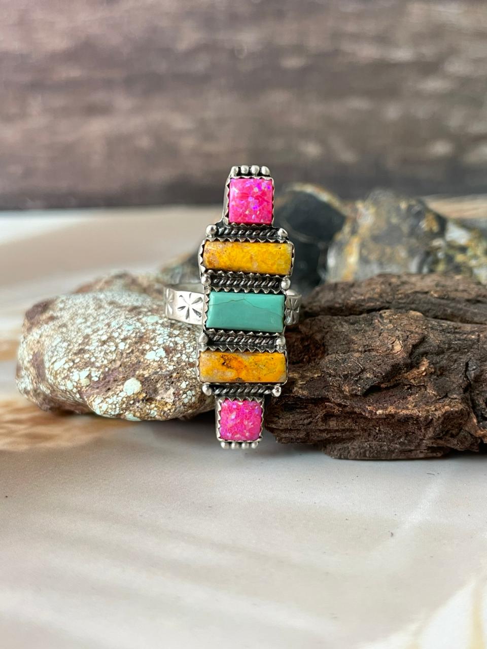 Handmade Sterling Silver Spring Collection: Hot Pink with Bumblebee and Kingman Adjustable Ring "Signed Nizhoni"