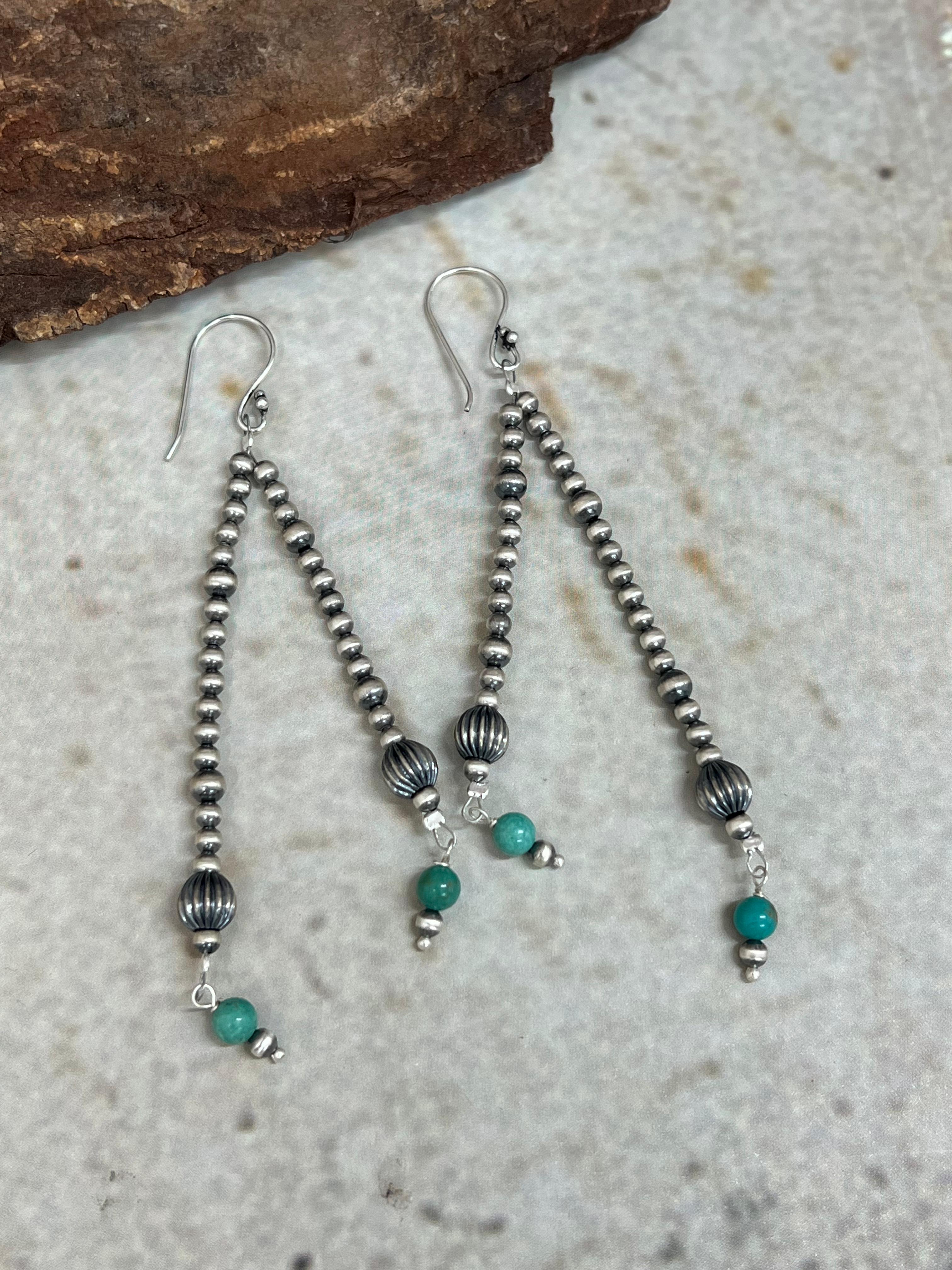 Handmade Sterling Silver Beaded Kingman Turquoise Dangle Earrings Signed Nizhoni