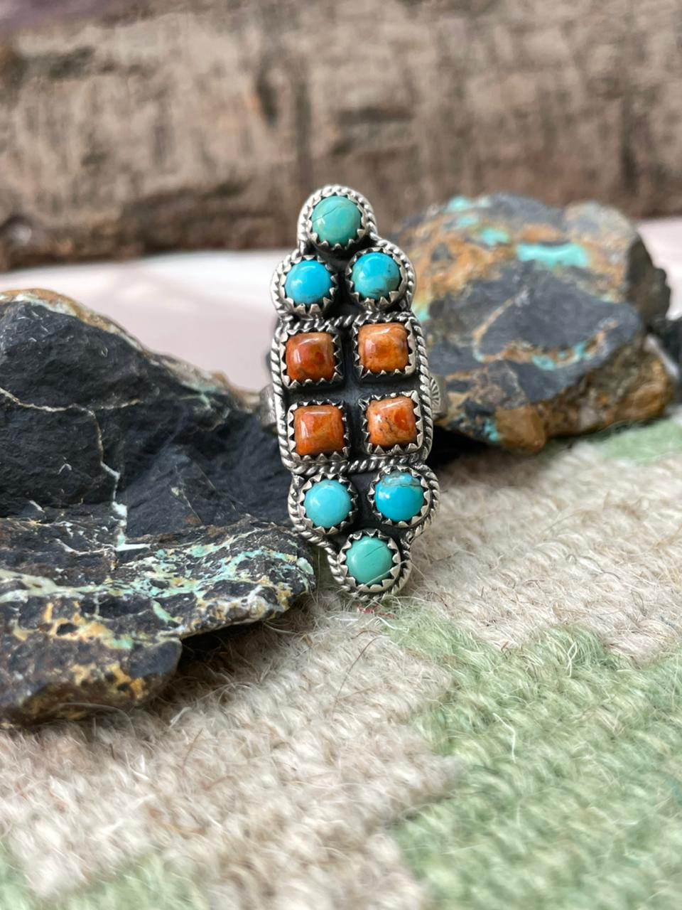 Handmade Sterling Silver Kingman With Orange Mohave Adjustable Ring "Signed Nizhoni" (2)