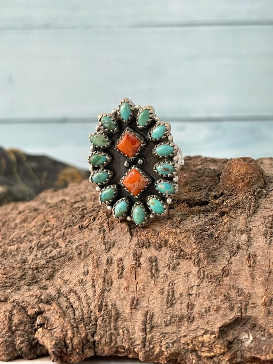 Handmade Sterling Silver Kingman Turquoise with Orange Mojave Adjustable Ring Signed Nizhoni