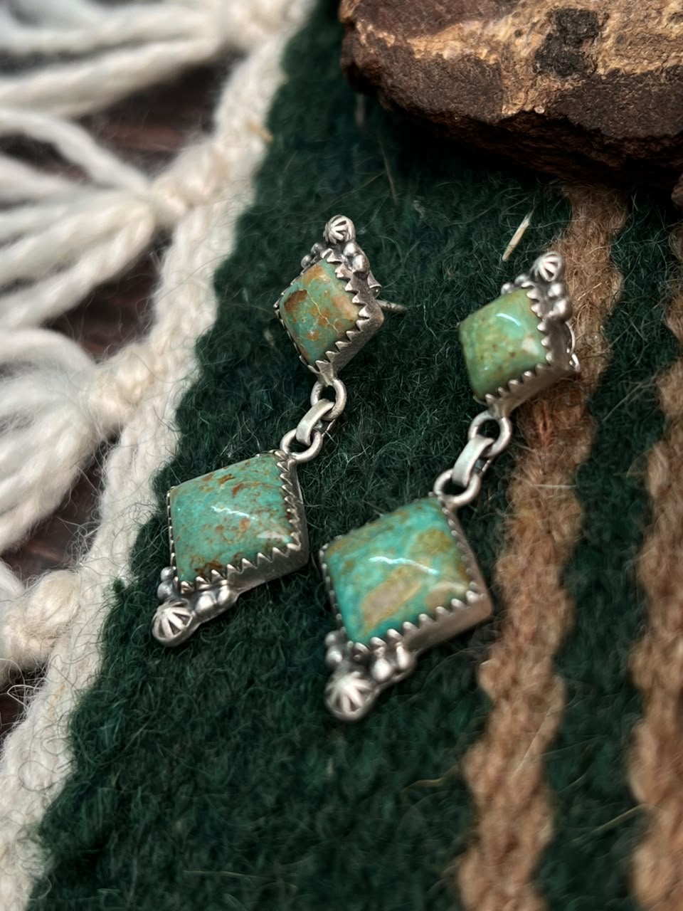Handmade Sterling Silver Royston Turquoise Post Dangle Earrings Signed Nizhoni