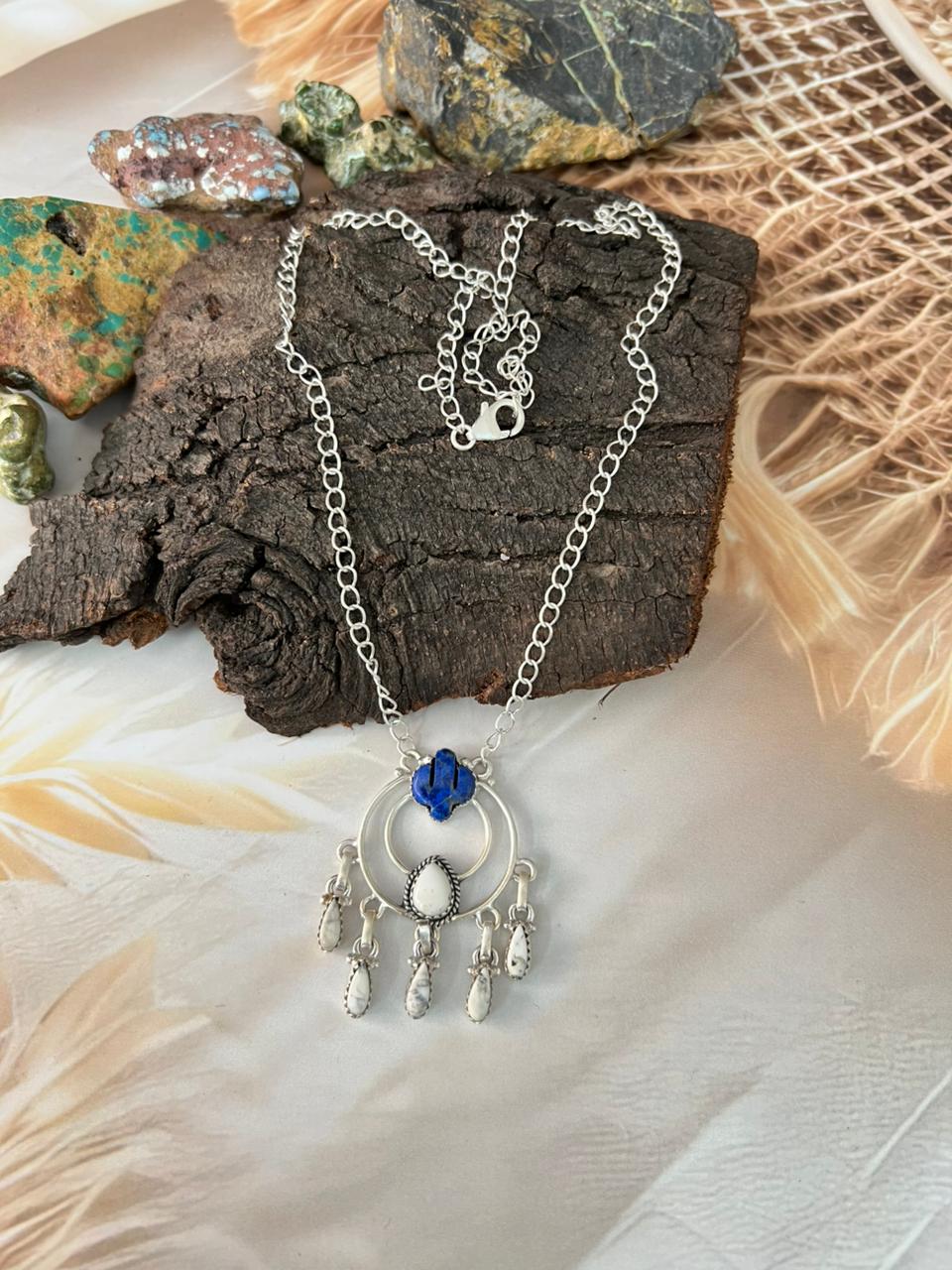 Handmade Sterling Silver White Buffalo with Lapis Necklace "Signed Nizhoni"
