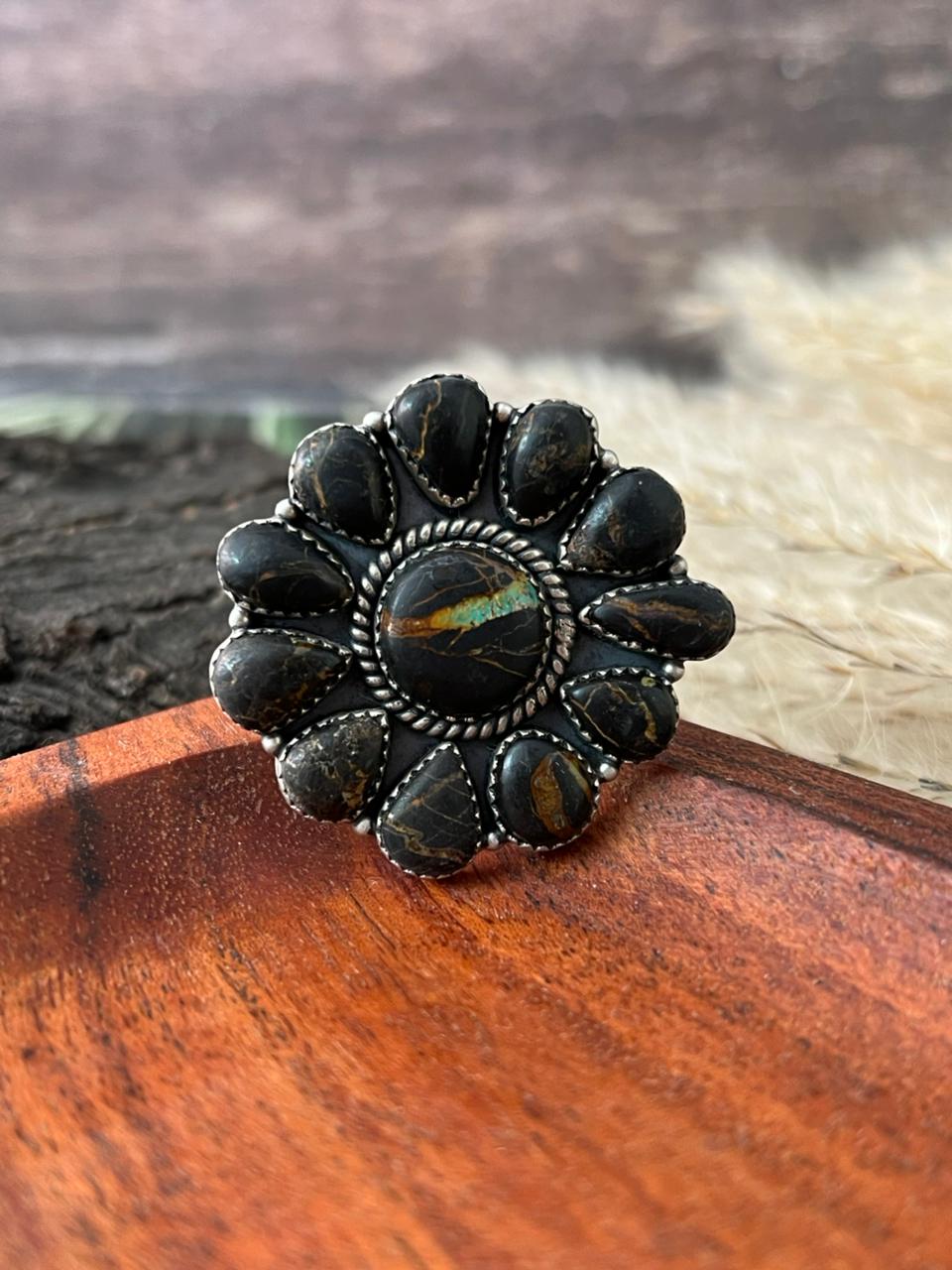Handmade Sterling Silver Blackjack Turquoise Adjustable Ring "Signed Nizhoni"