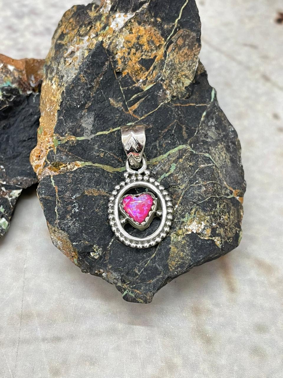 "Heart Collection" Handmade Sterling Silver Hot Pink Pendant "Signed Nizhoni"