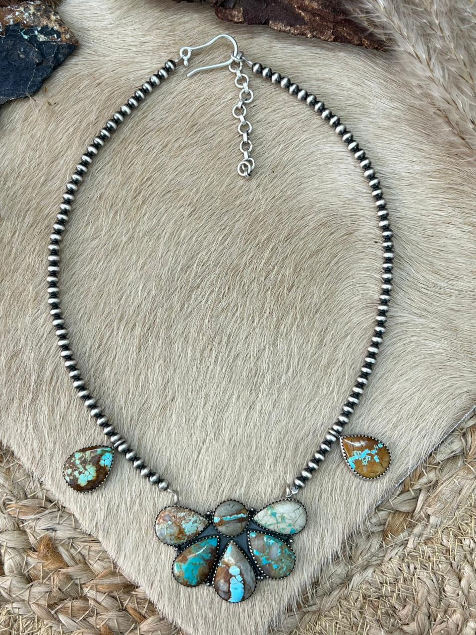 Handmade Sterling Silver Royston Ribbon Turquoise Beaded Necklace "Signed Nizhoni"